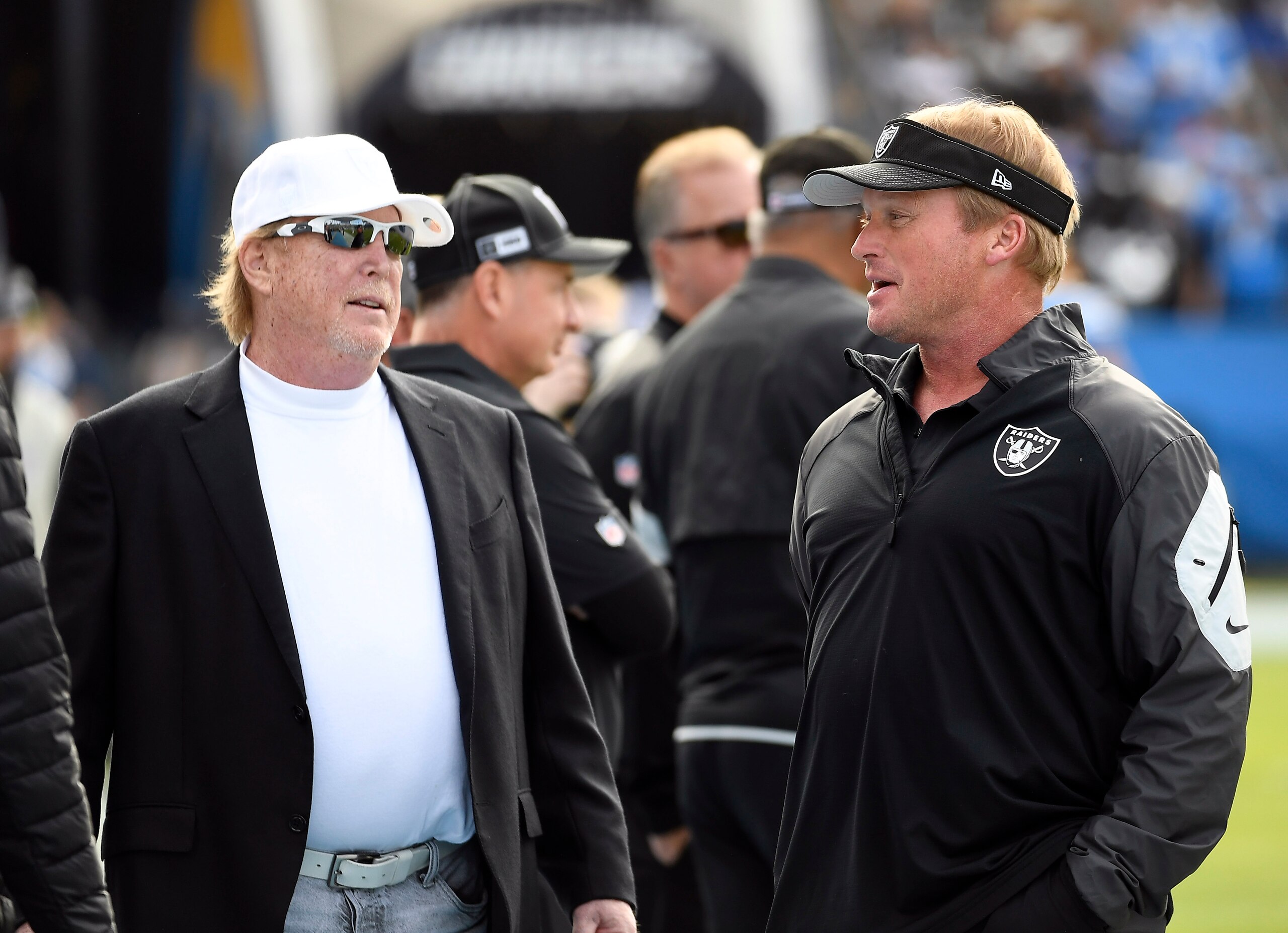 CARSON, CA - DECEMBER 22: Oakland Raiders owner Mark Davis greets head coach Jon Gruden of the Oakland Raiders before the start of the game against Los Angeles Chargers at Dignity Health Sports Park on December 22, 2019 in Carson, California. (Photo by Kevork Djansezian/Getty Images)