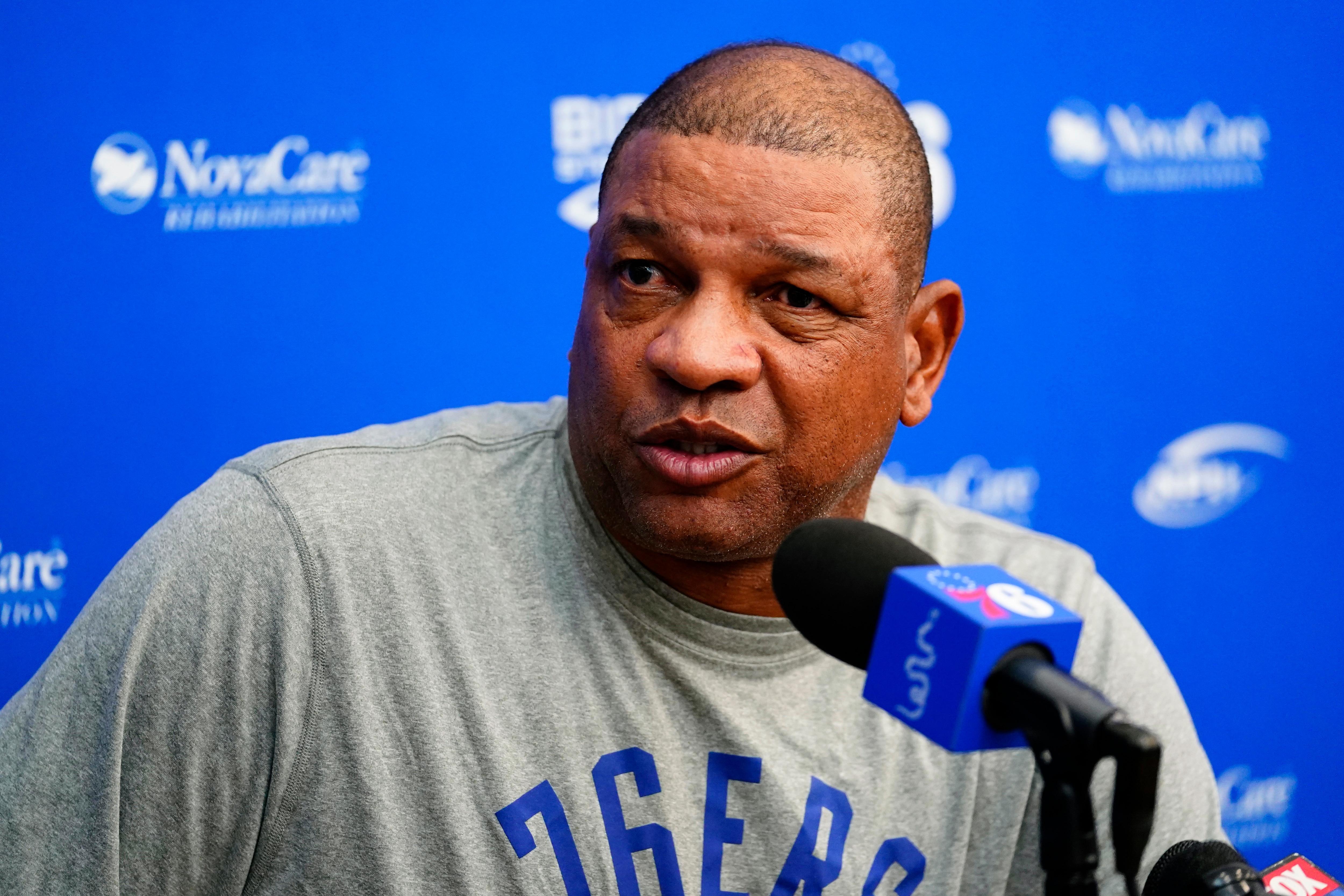 Philadelphia 76ers' Doc River speaks to the media after practice at the NBA basketball team's facility, Sunday, Oct. 17, 2021, in Camden, N.J. (AP Photo/Matt Slocum)