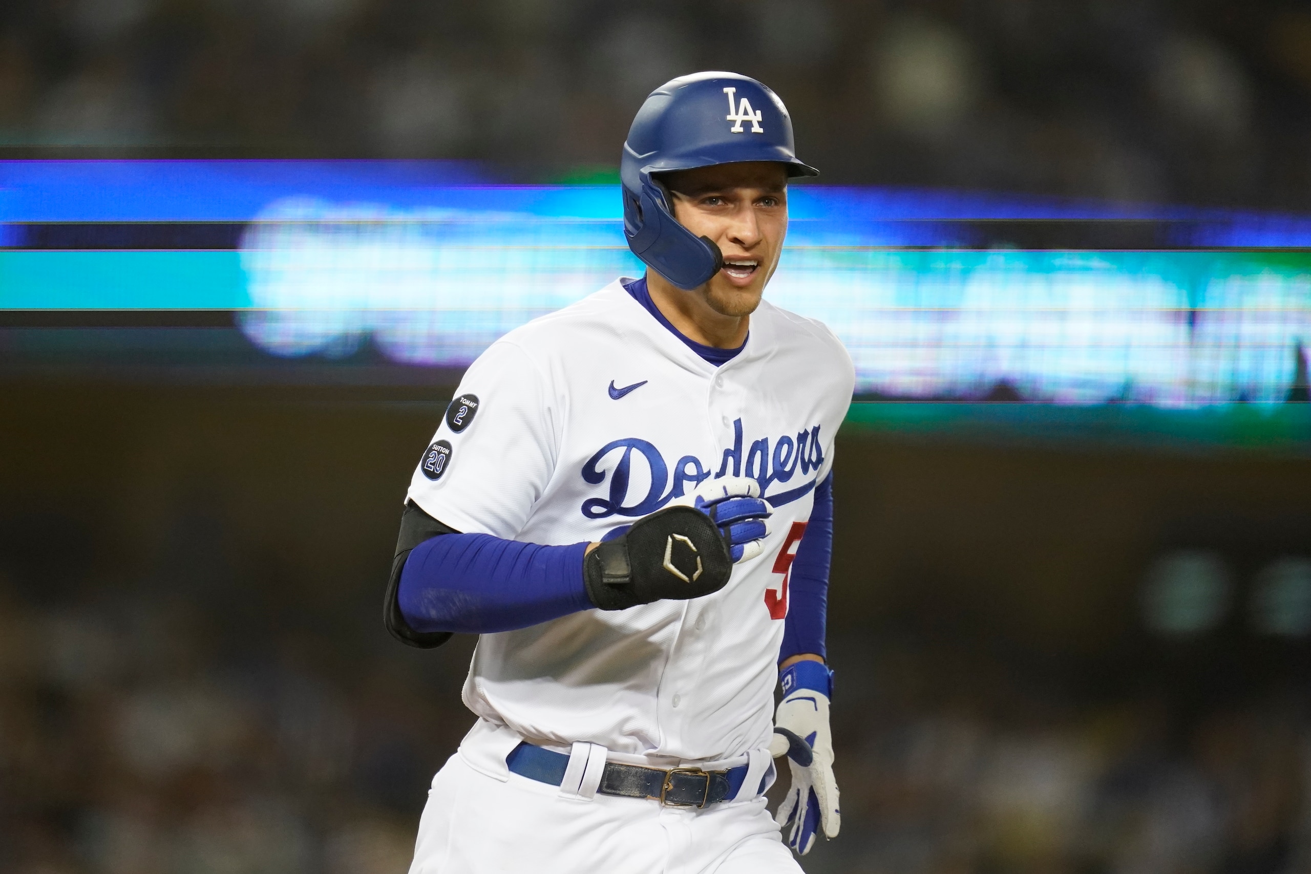 Los Angeles Dodgers' Corey Seager during the first inning of Game 3 of a baseball National League Division Series against the San Francisco Giants, Monday, Oct. 11, 2021, in Los Angeles. (AP Photo/Ashley Landis)