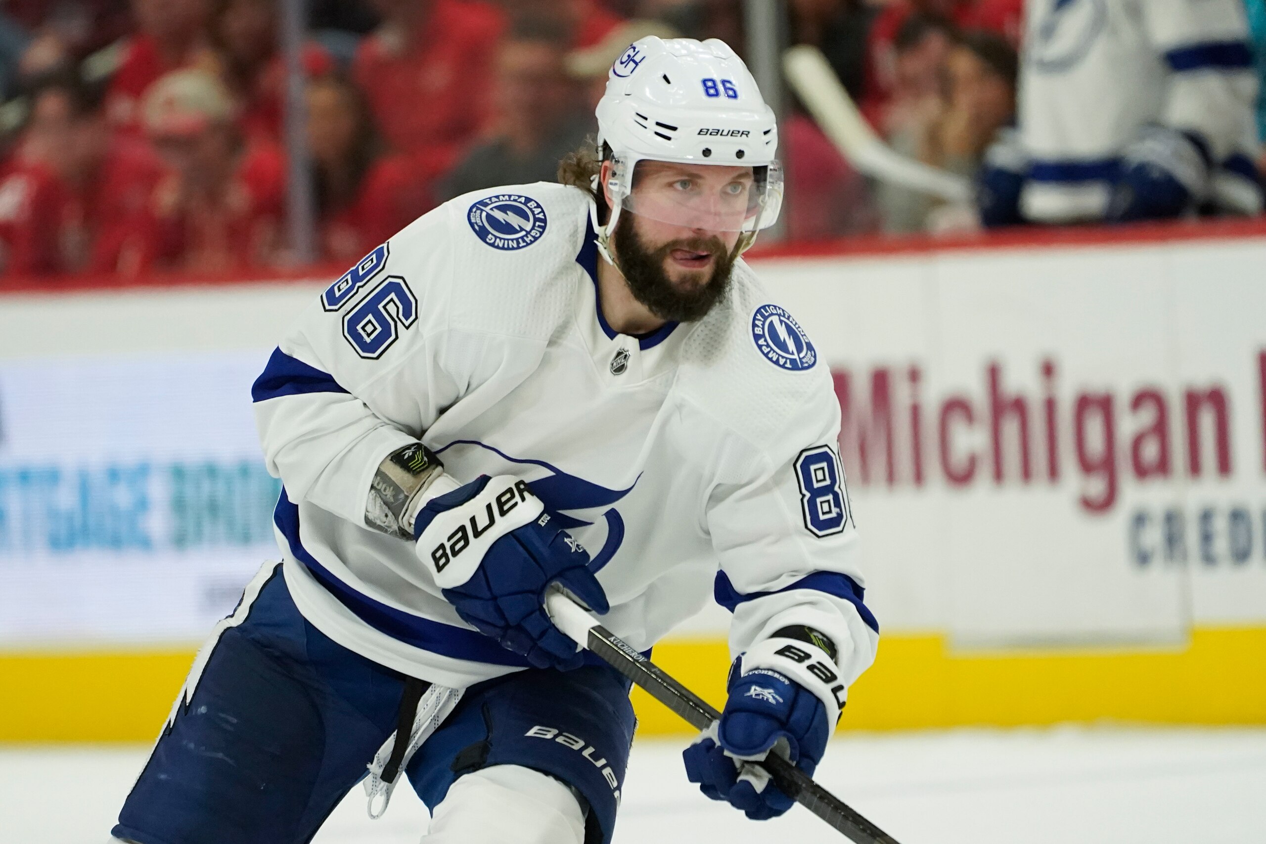Tampa Bay Lightning right wing Nikita Kucherov (86) plays against the Detroit Red Wings in the third period of an NHL hockey game Thursday, Oct. 14, 2021, in Detroit. (AP Photo/Paul Sancya)