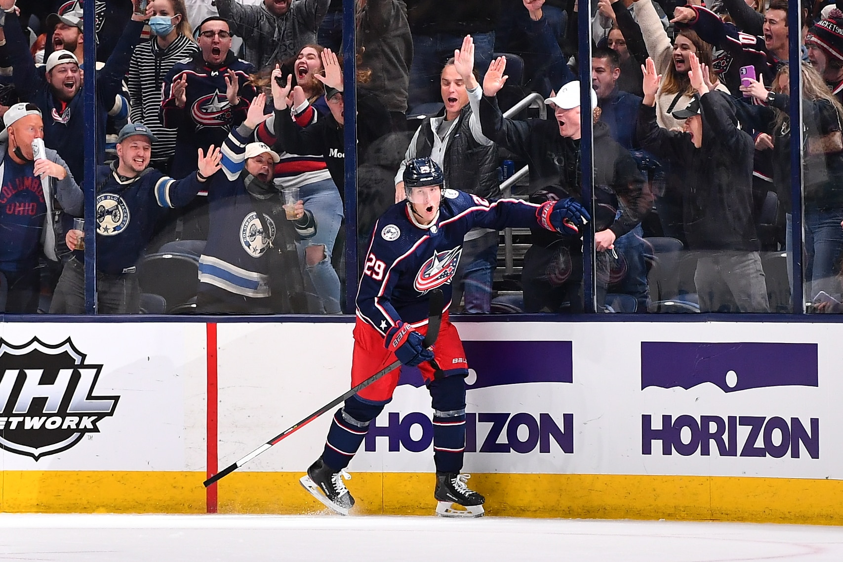 COLUMBUS, OH - OCTOBER 16: Patrik Laine #29 of the Columbus Blue Jackets celebrates his game winning goal in overtime for a final score of 2-1 against the Seattle Kraken at Nationwide Arena on October 16, 2021 in Columbus, Ohio.  (Photo by Ben Jackson/NHLI via Getty Images)
