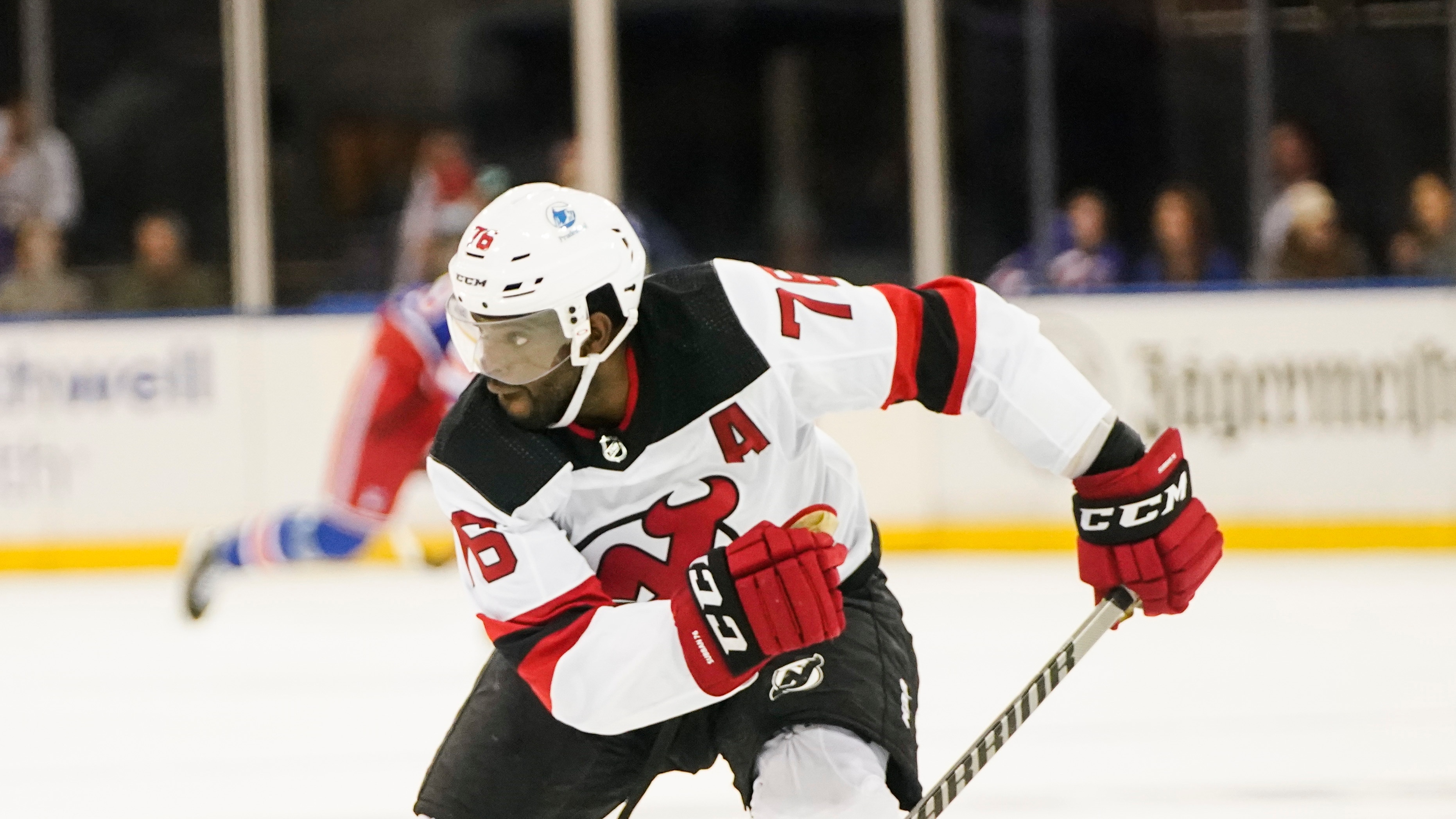 New Jersey Devils' P.K. Subban during the second period of an NHL preseason hockey game against the New York Rangers Wednesday, Oct. 6, 2021, in New York.(AP Photo/Frank Franklin II)