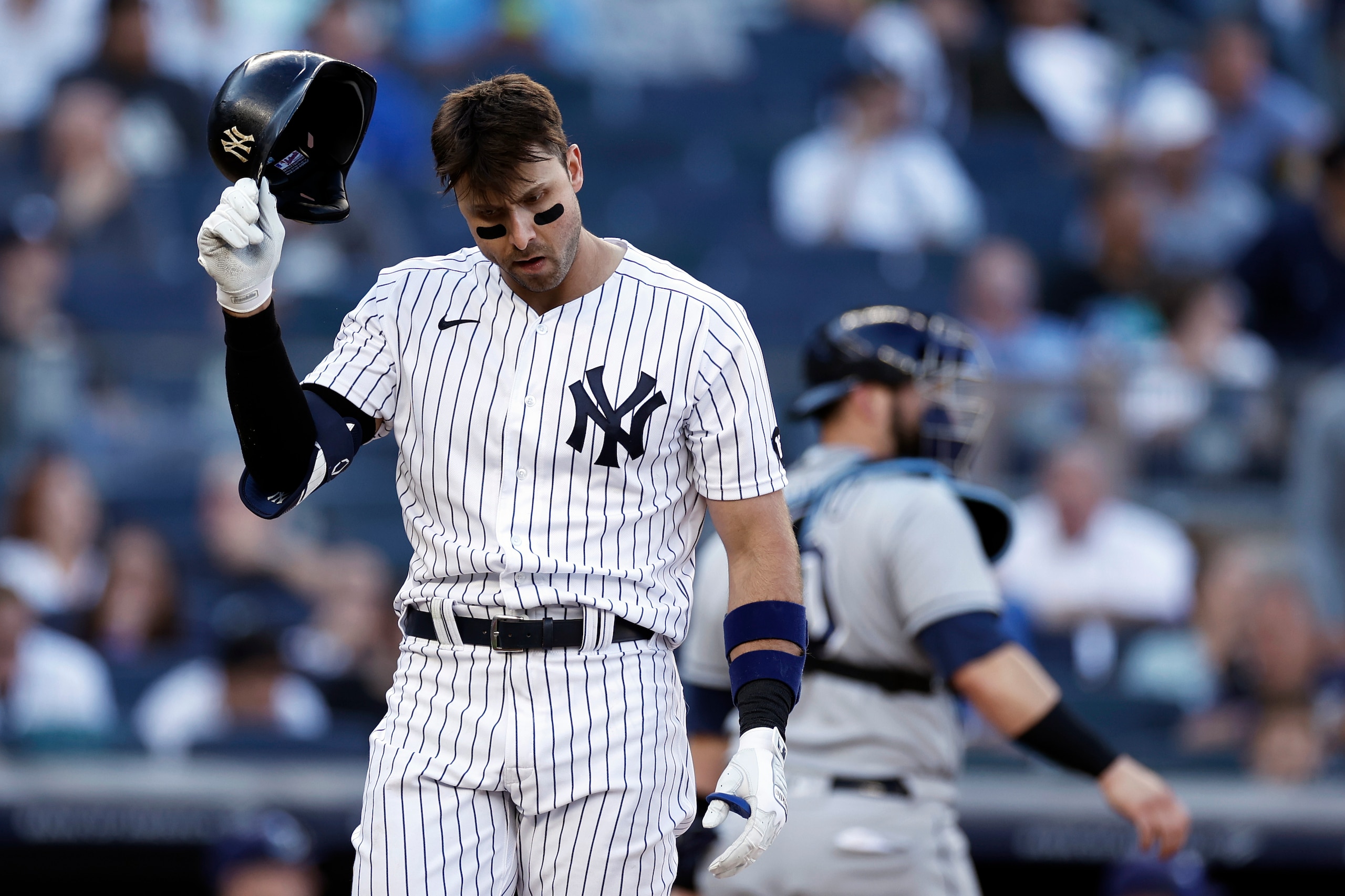 New York Yankees' Joey Gallo reacts after striking out during the eighth inning of a baseball game against the Tampa Bay Rays on Saturday, Oct. 2, 2021, in New York. (AP Photo/Adam Hunger) New York Yankees' Joey Gallo reacts after striking out during the eighth inning of a baseball game against the Tampa Bay Rays on Saturday, Oct. 2, 2021, in New York. (AP Photo/Adam Hunger)