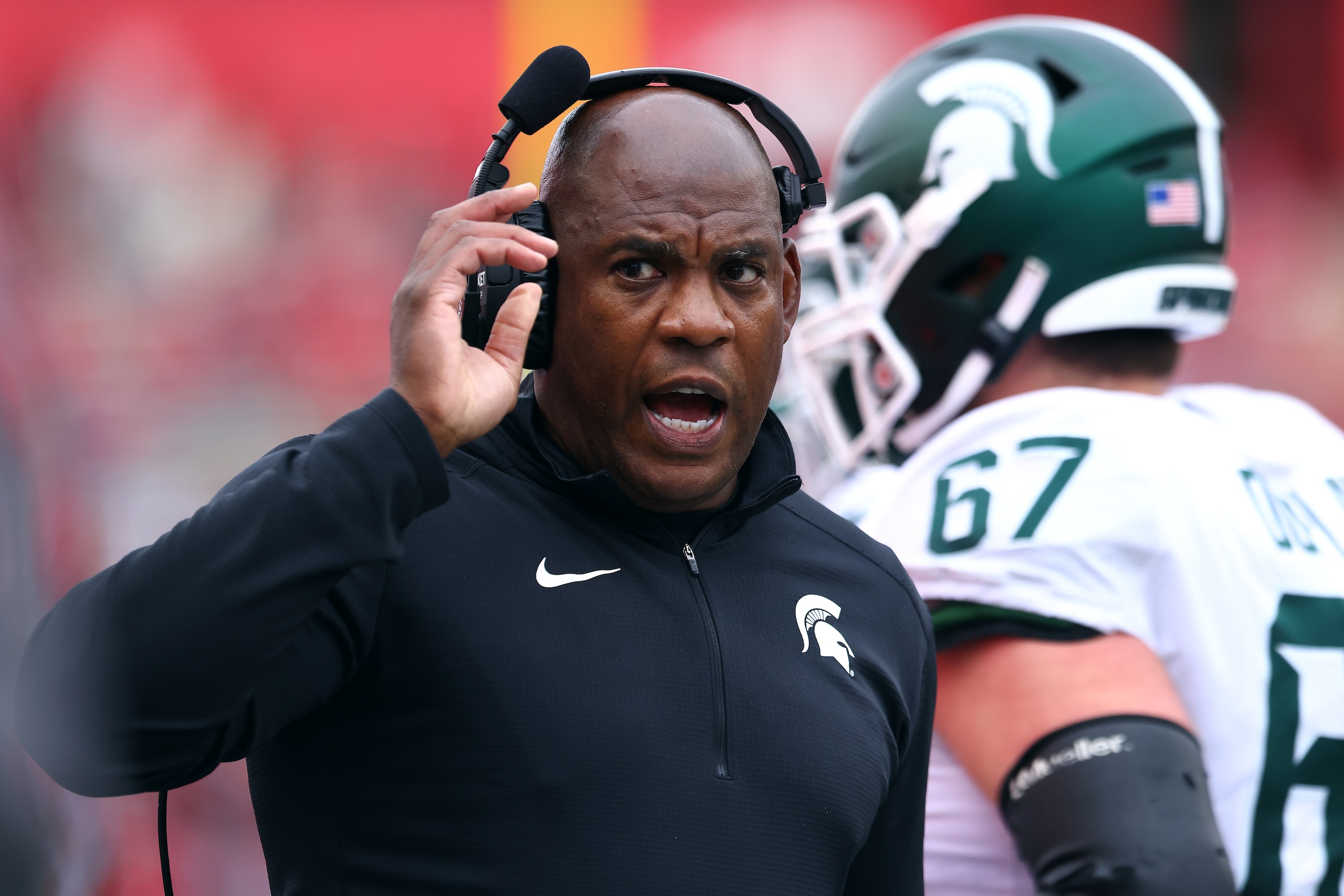 PISCATAWAY, NJ - OCTOBER 09 : Head coach Mel Tucker of the Michigan State Spartans reacts on the sidelines during the second half of a game against the Rutgers Scarlet Knights at SHI Stadium on October 9, 2021 in Piscataway, New Jersey. Michigan State defeated Rutgers 31-13. (Photo by Rich Schultz/Getty Images) PISCATAWAY, NJ - OCTOBER 09 : Head coach Mel Tucker of the Michigan State Spartans reacts on the sidelines during the second half of a game against the Rutgers Scarlet Knights at SHI Stadium on October 9, 2021 in Piscataway, New Jersey. Michigan State defeated Rutgers 31-13. (Photo by Rich Schultz/Getty Images)
