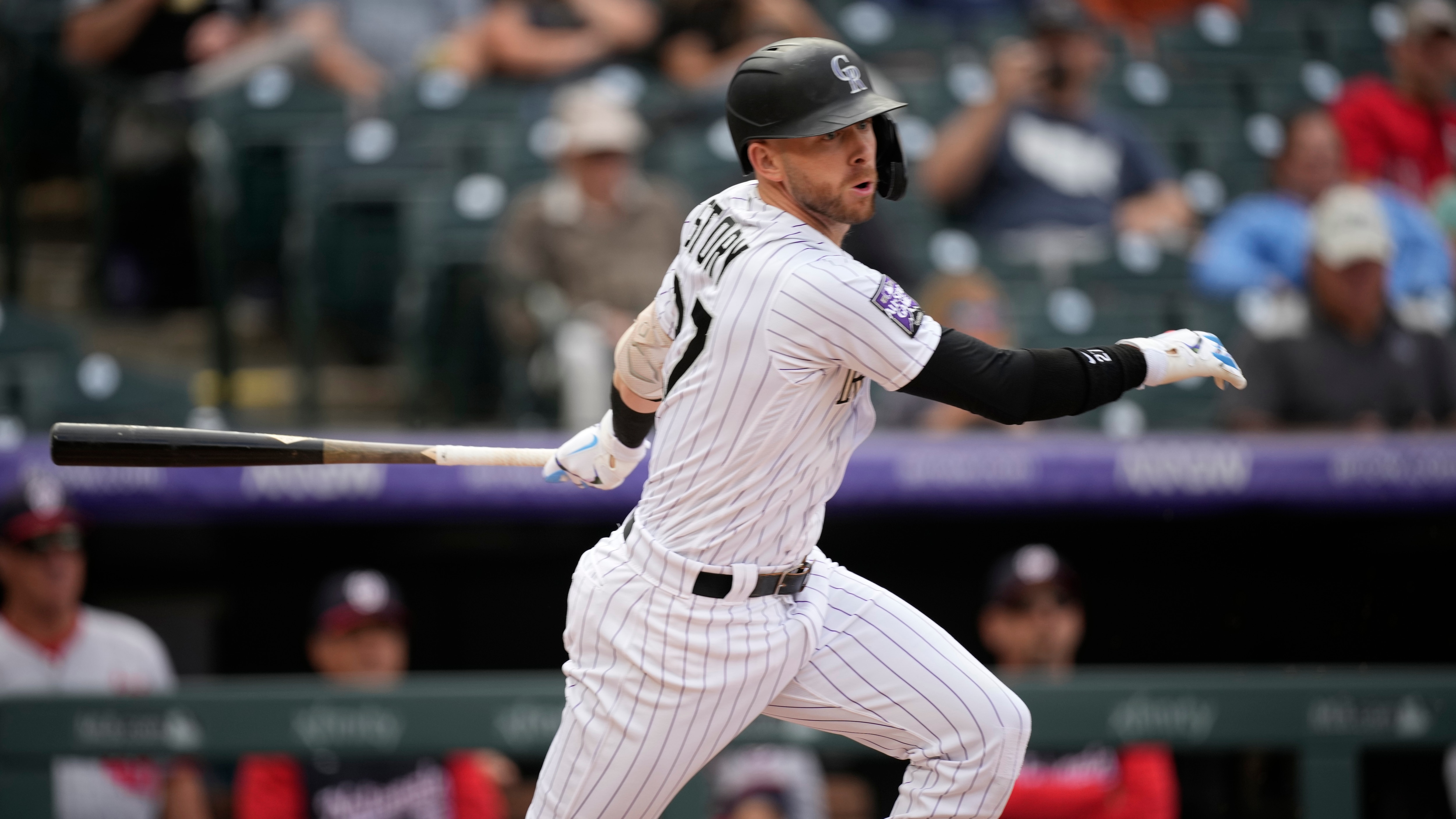 Colorado Rockies shortstop Trevor Story (27) in the second inning of a baseball game Wednesday, Sept. 29, 2021, in Denver. (AP Photo/David Zalubowski)