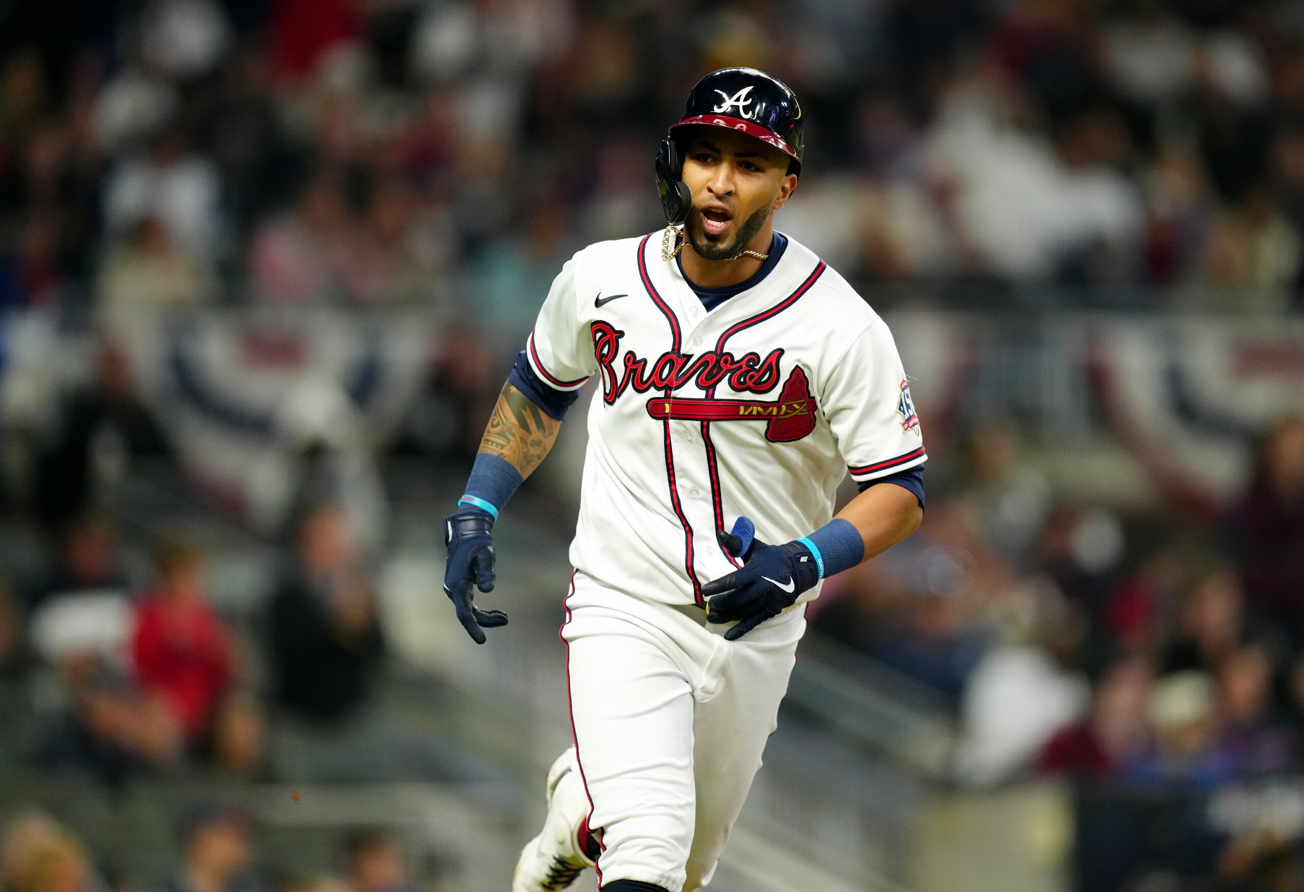 ATLANTA, GA - OCTOBER 17: Eddie Rosario #8 of the Atlanta Braves singles in the eighth inning of Game 2 of the NLCS between the Los Angeles Dodgers and the Atlanta Braves at Truist Park on Sunday, October 17, 2021 in Atlanta, Georgia. (Photo by Daniel Shirey/MLB Photos via Getty Images)