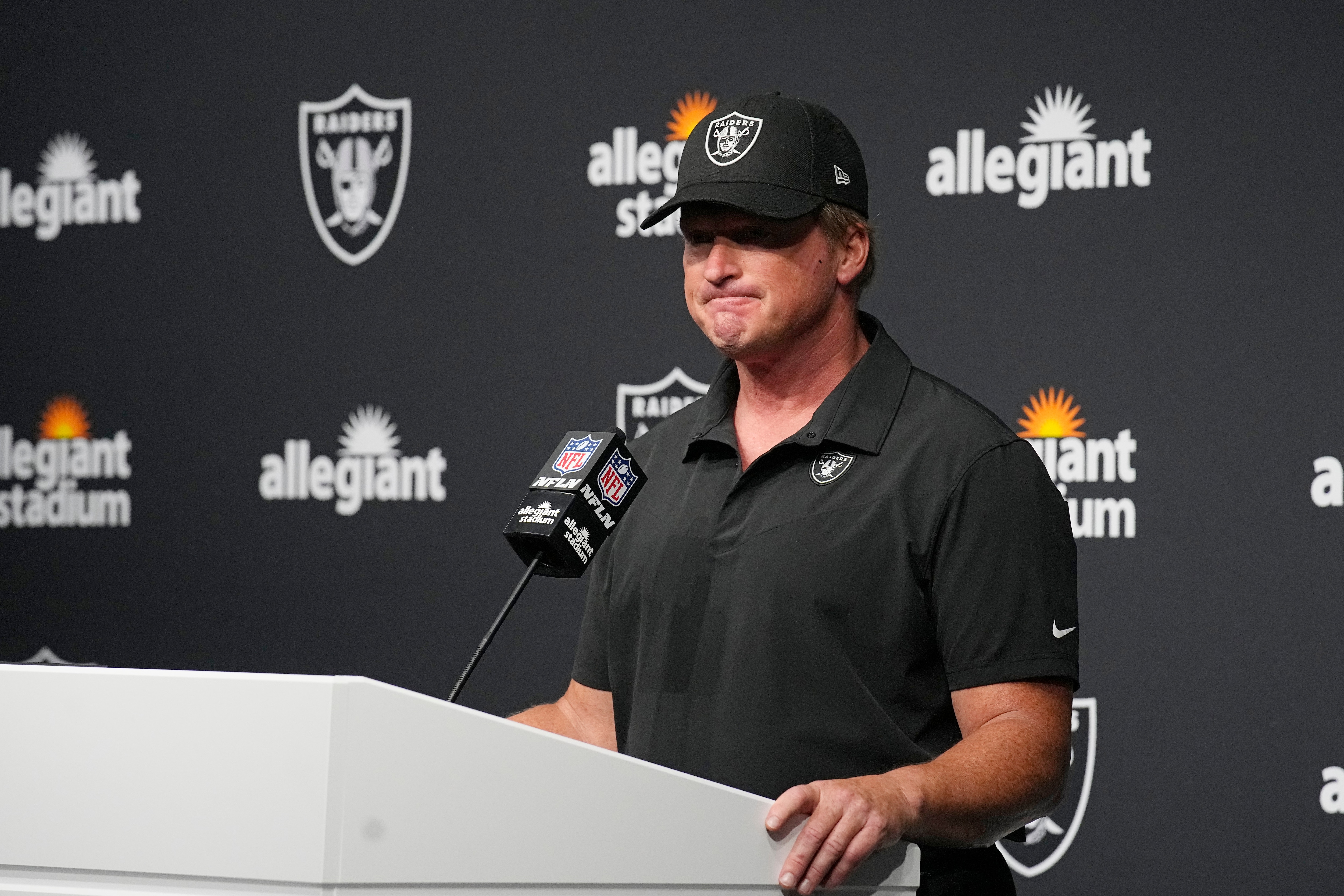Las Vegas Raiders head coach Jon Gruden speaks during a news conference after an NFL football game against the Chicago Bears, Sunday, Oct. 10, 2021, in Las Vegas. (AP Photo/Rick Scuteri)