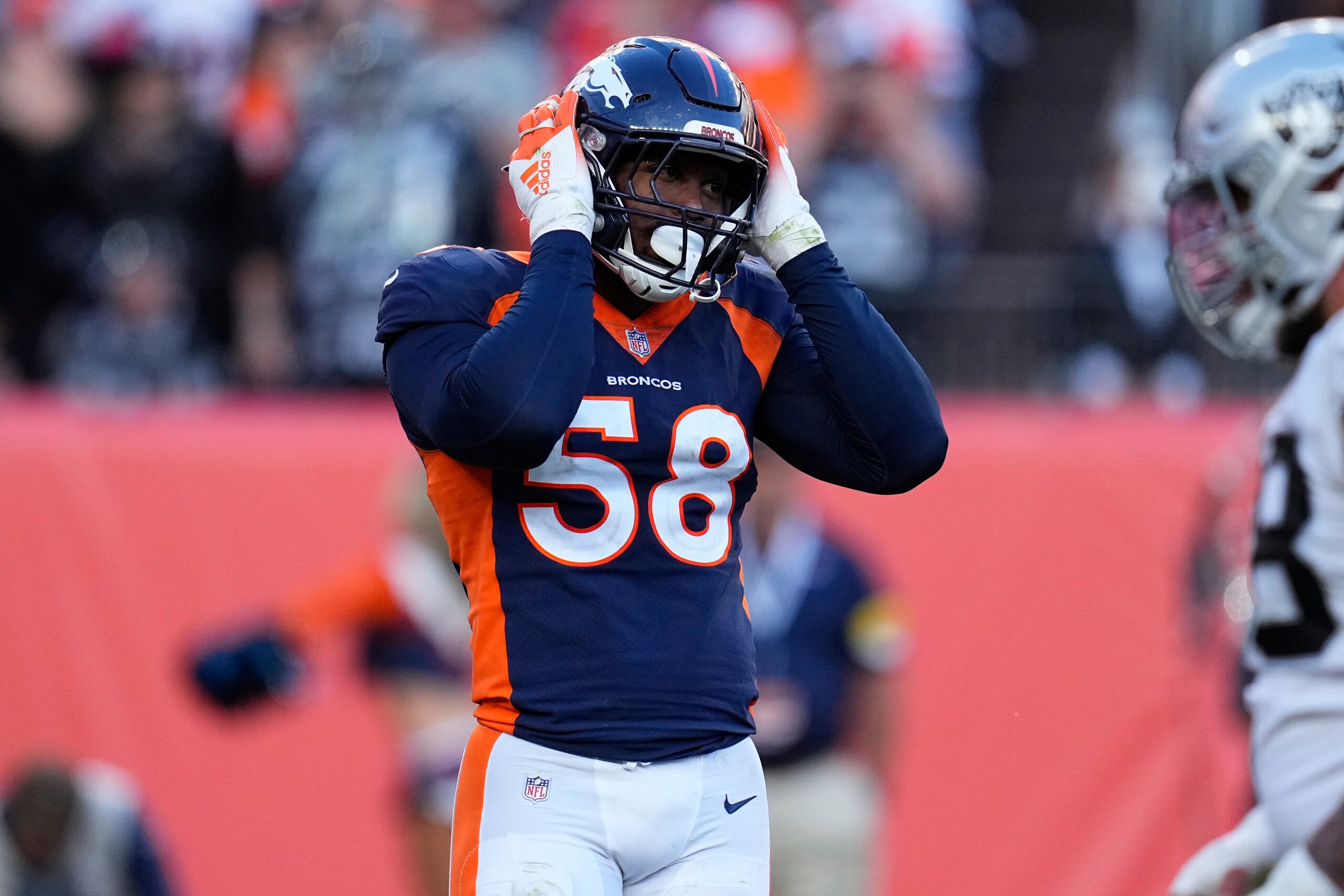 Denver Broncos outside linebacker Von Miller (58) against the Las Vegas Raiders during the second half of an NFL football game, Sunday, Oct. 17, 2021, in Denver. (AP Photo/Jack Dempsey)