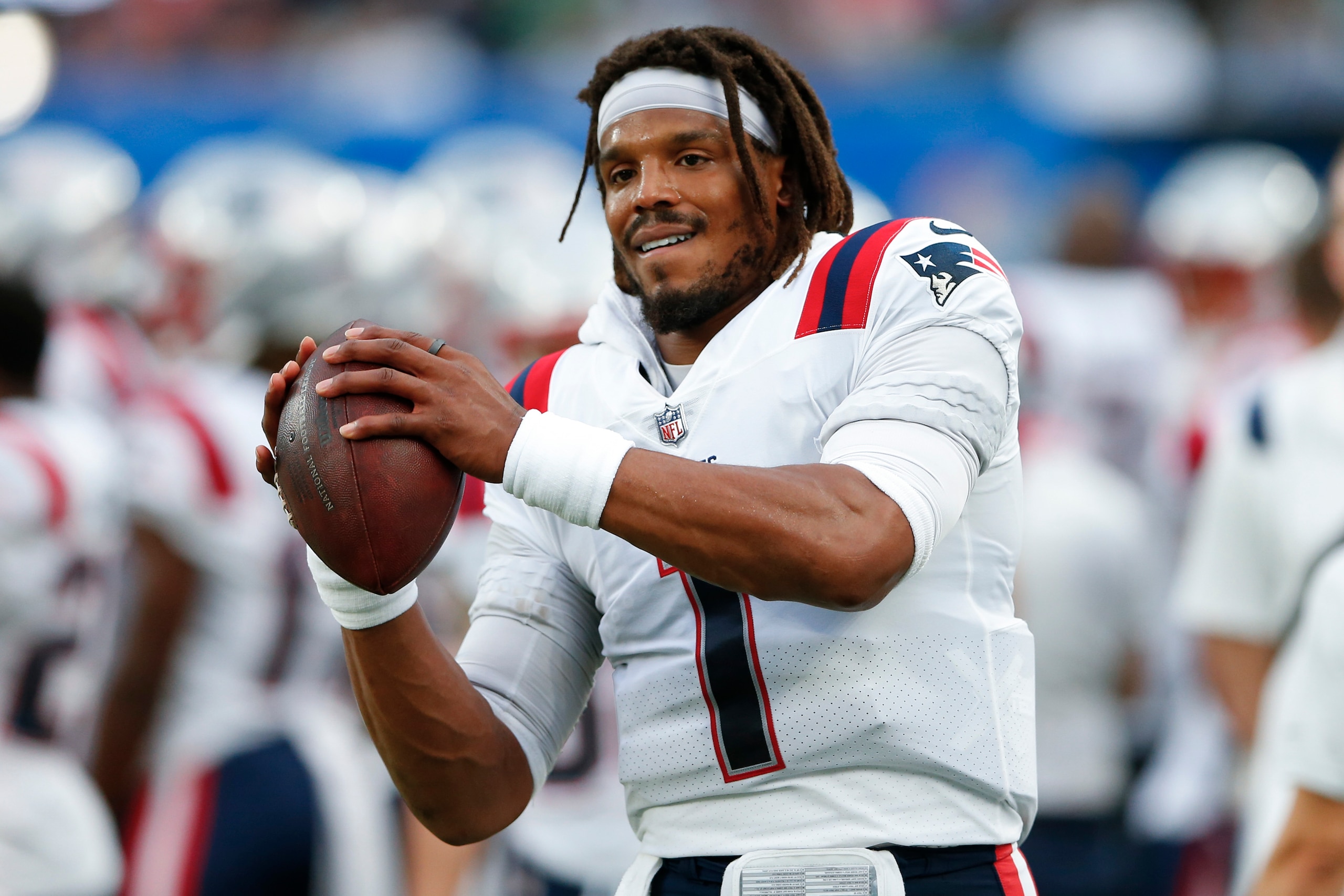 New England Patriots quarterback Cam Newton during the first half of an NFL preseason football game against the New York Giants Sunday, Aug. 29, 2021, in East Rutherford, N.J. (AP Photo/Noah K. Murray)