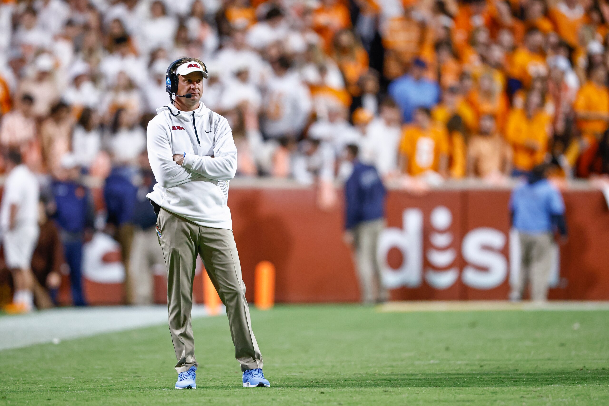 Mississippi head coach Lane Kiffin stands on the field during a timeout in the second half of an NCAA college football game Saturday, Oct. 16, 2021, in Knoxville, Tenn. Mississippi won 31-26. (AP Photo/Wade Payne)