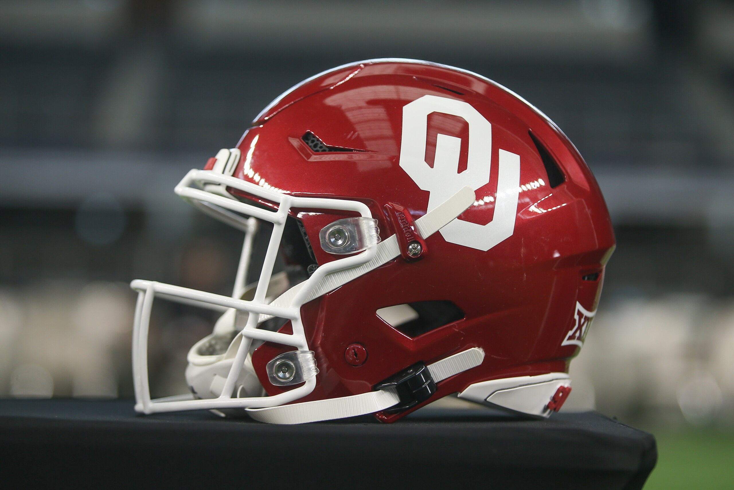 ARLINGTON, TX - JULY 14: Oklahoma football helmet on display during the Big 12 Conference football media days on July 14, 2021 at AT&T Stadium in Arlington, TX. (Photo by George Walker/Icon Sportswire via Getty Images)