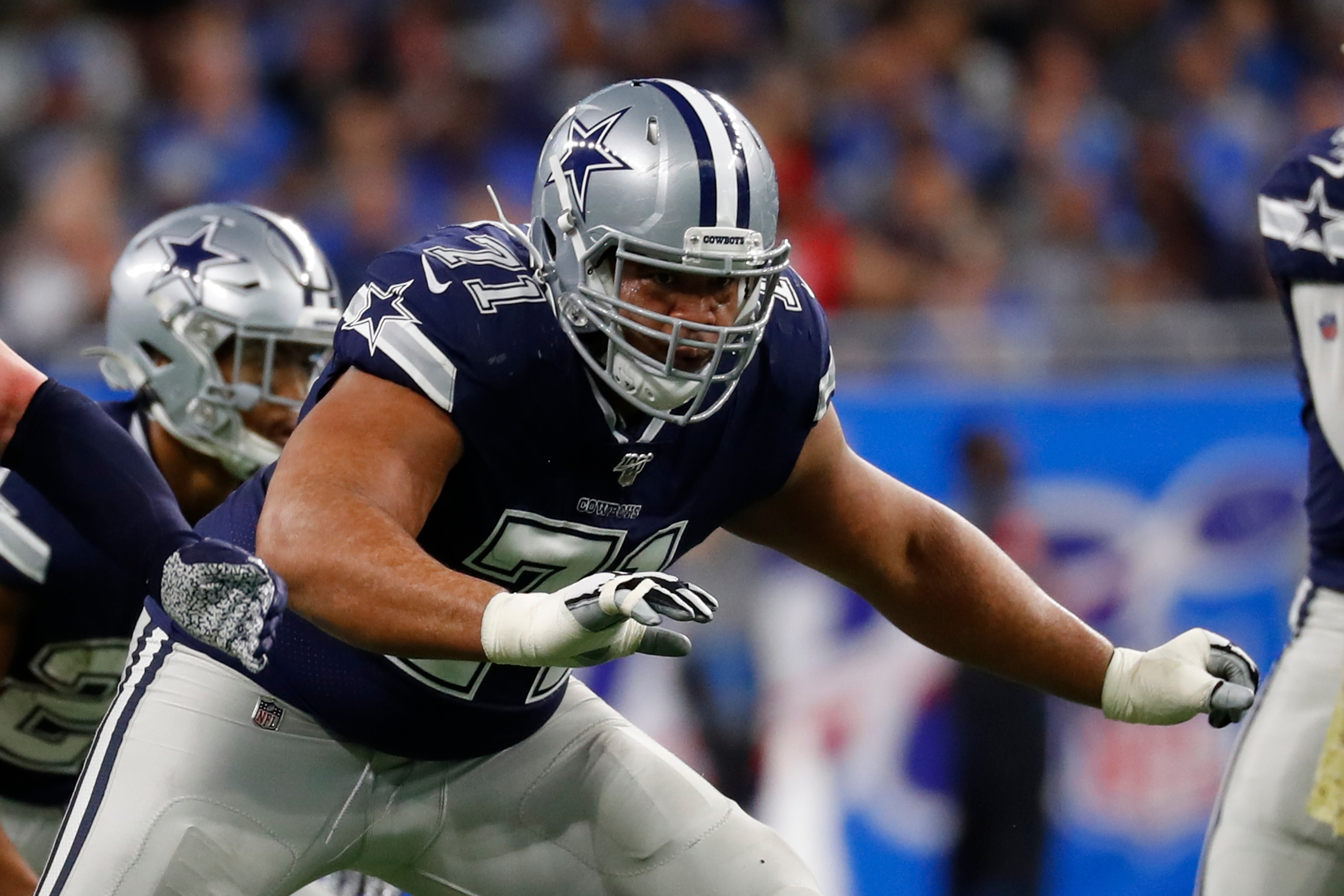 Dallas Cowboys offensive tackle La'el Collins (71) blocks against the Detroit Lions during an NFL football game in Detroit, Sunday, Nov. 17, 2019. (AP Photo/Paul Sancya)
