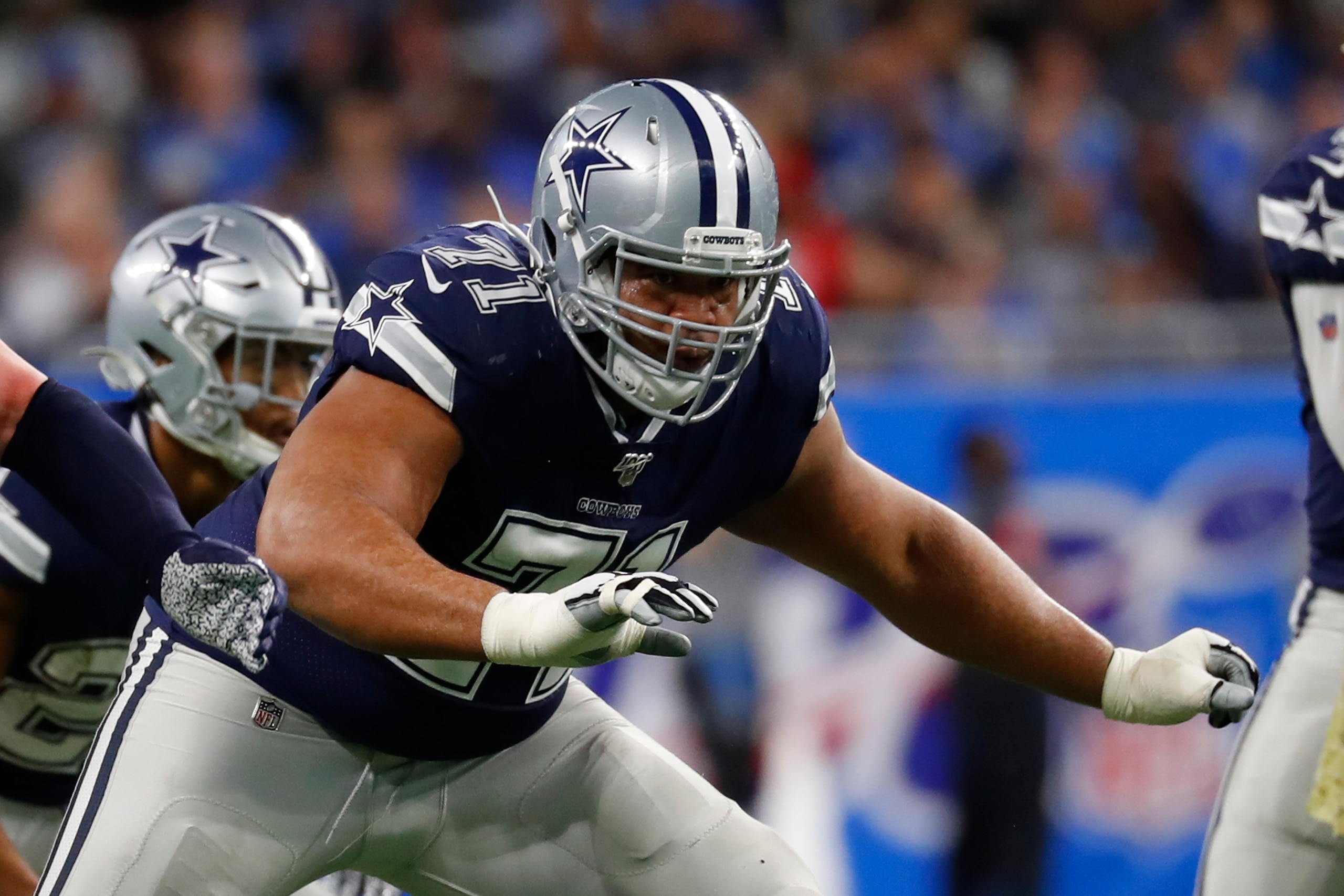 Dallas Cowboys offensive tackle La'el Collins (71) blocks against the Detroit Lions during an NFL football game in Detroit, Sunday, Nov. 17, 2019. (AP Photo/Paul Sancya)