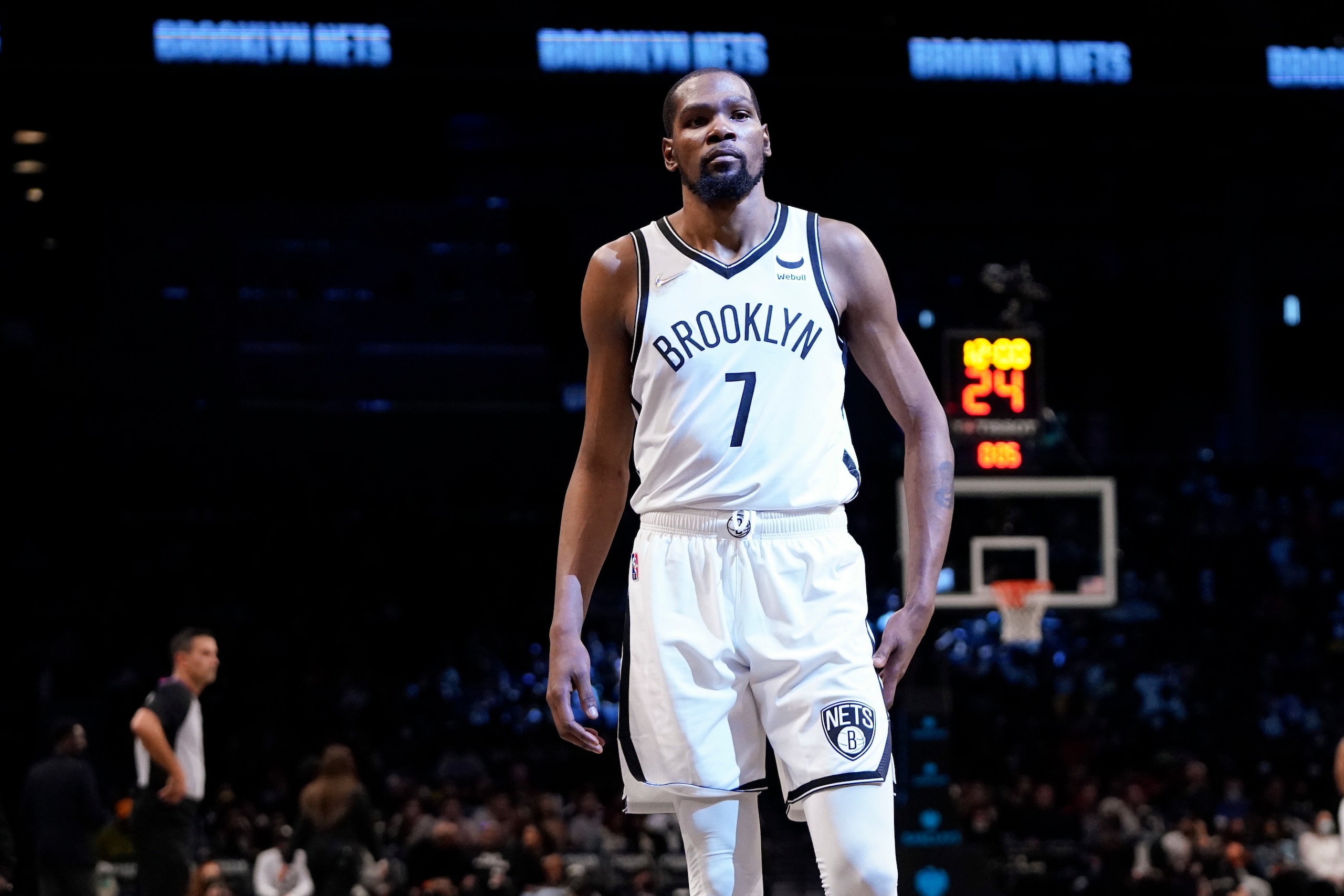Brooklyn Nets' Kevin Durant (7) gets into position during the second half of a preseason NBA basketball game against the Minnesota Timberwolves, Thursday, Oct. 14, 2021, in New York. (AP Photo/Frank Franklin II)