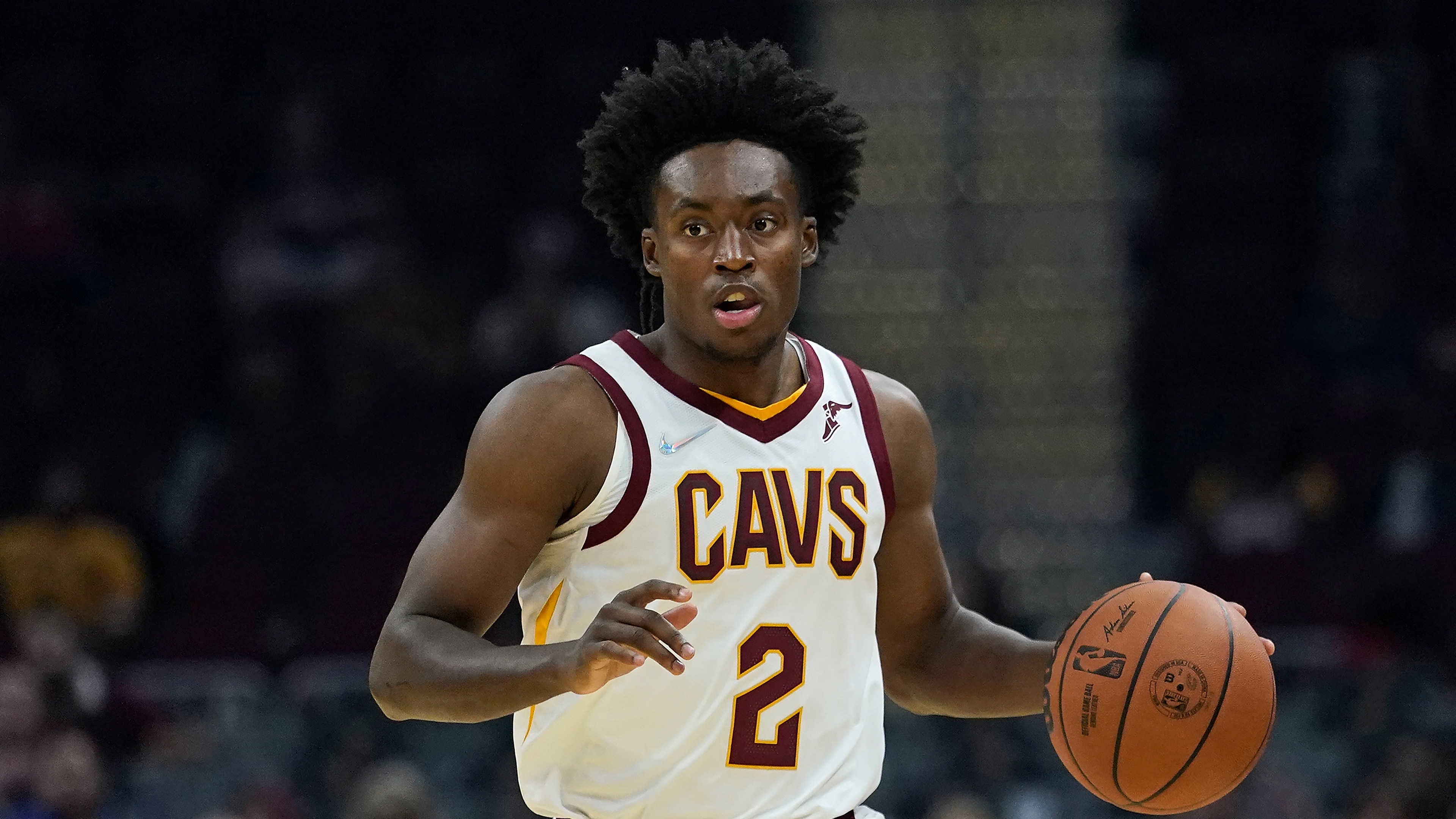 Cleveland Cavaliers' Collin Sexton drives the ball down court in the first half of an NBA basketball preseason game against the Indiana Pacers, Friday, Oct. 8, 2021, in Cleveland. (AP Photo/Tony Dejak)