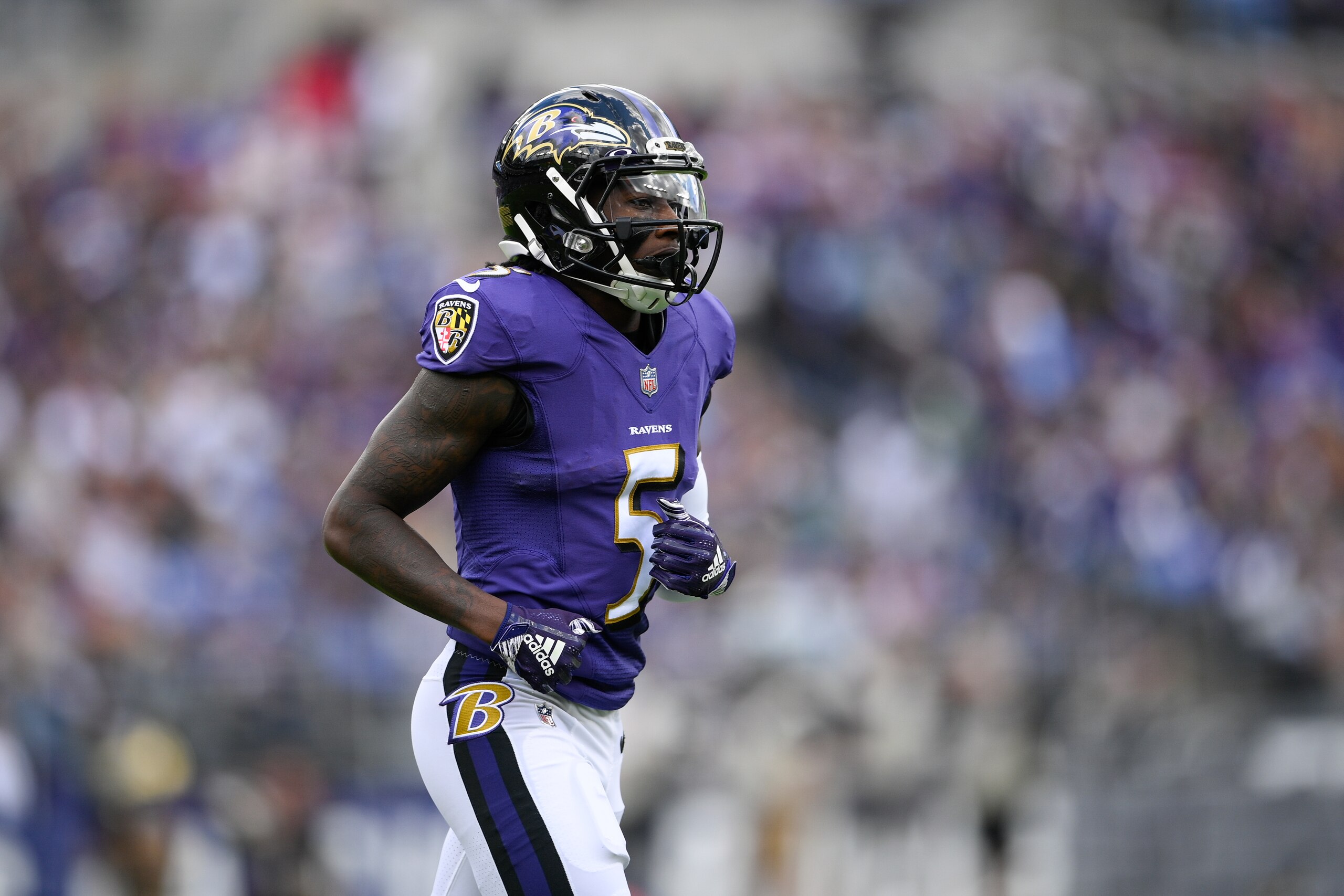 Baltimore Ravens wide receiver Marquise Brown runs a route against the Los Angeles Chargers during the first half of an NFL football game, Sunday, Oct. 17, 2021, in Baltimore. (AP Photo/Nick Wass)