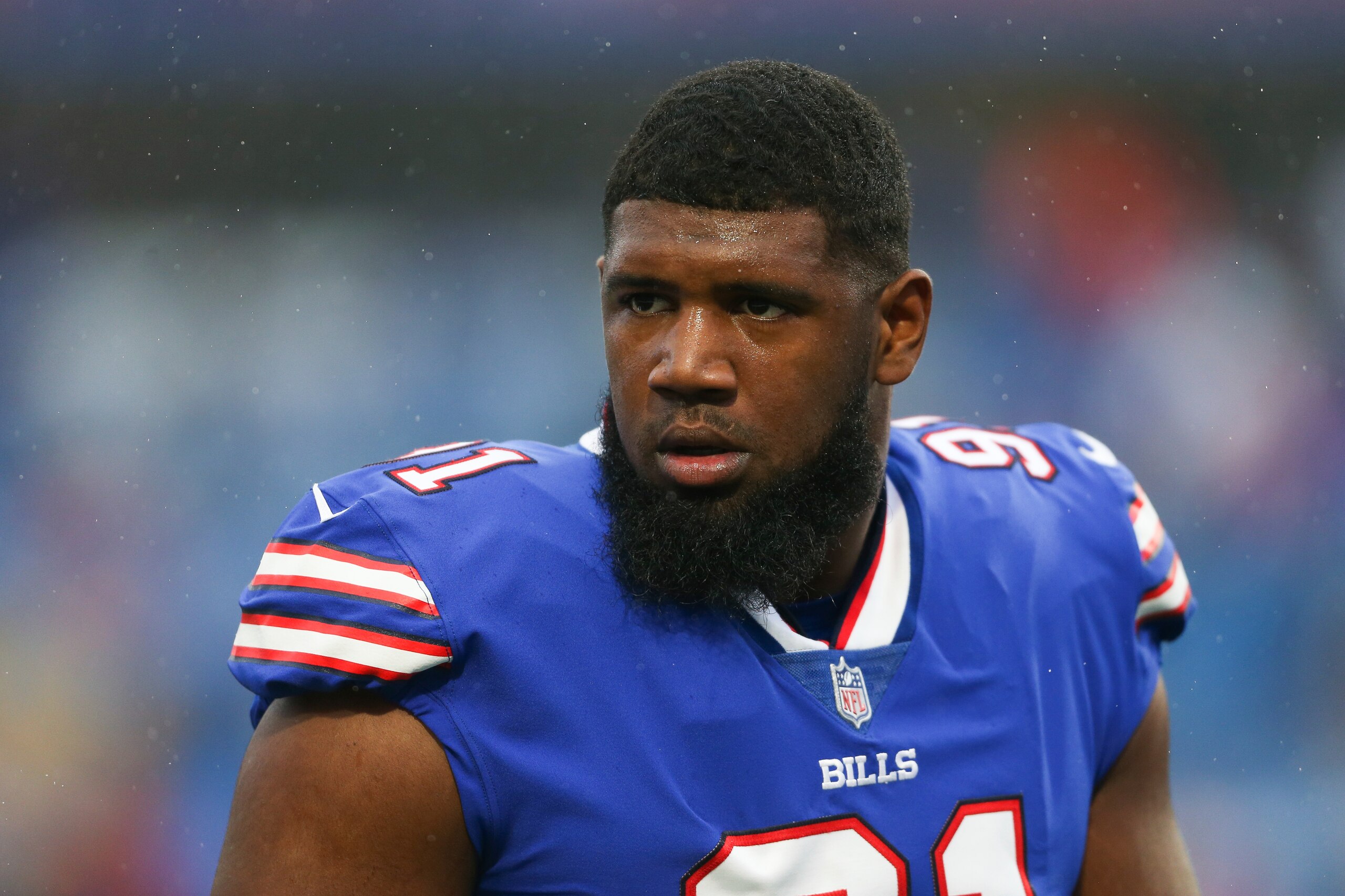 Buffalo Bills defensive tackle Ed Oliver (91) looks on during warmups before a NFL football game against the Houston Texans in Orchard Park, N.Y., Sunday, Oct. 3, 2021. (AP Photo/Joshua Bessex)