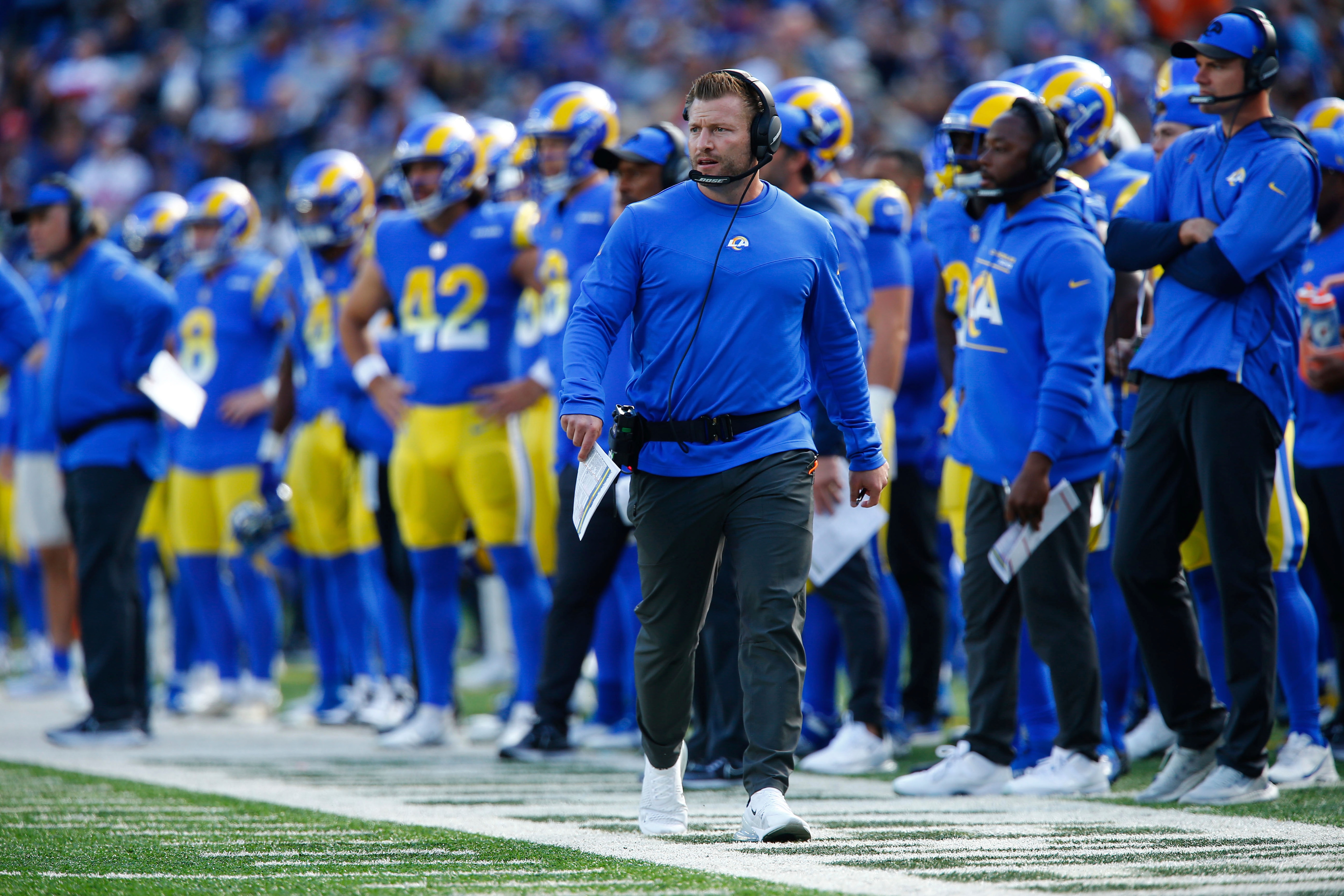 Los Angeles Rams head coach Sean McVay walks on the sidelines during the second half of an NFL football game against the New York Giants, Sunday, Oct. 17, 2021, in East Rutherford, N.J. (AP Photo/John Munson)