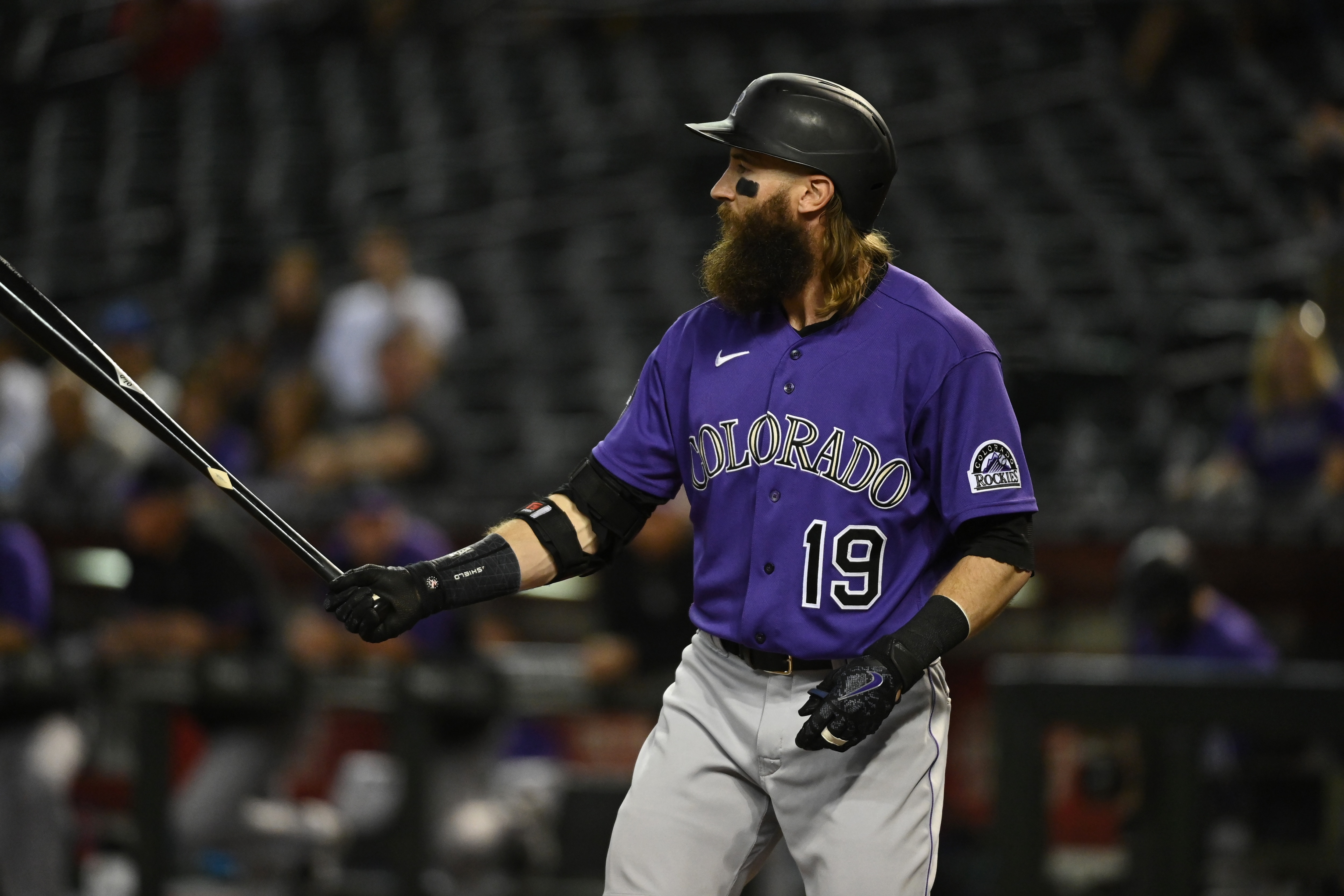 PHOENIX, ARIZONA - OCTOBER 01: Charlie Blackmon #19 of the Colorado Rockies gets ready in the batters box against the Arizona Diamondbacks at Chase Field on October 01, 2021 in Phoenix, Arizona. (Photo by Norm Hall/Getty Images)