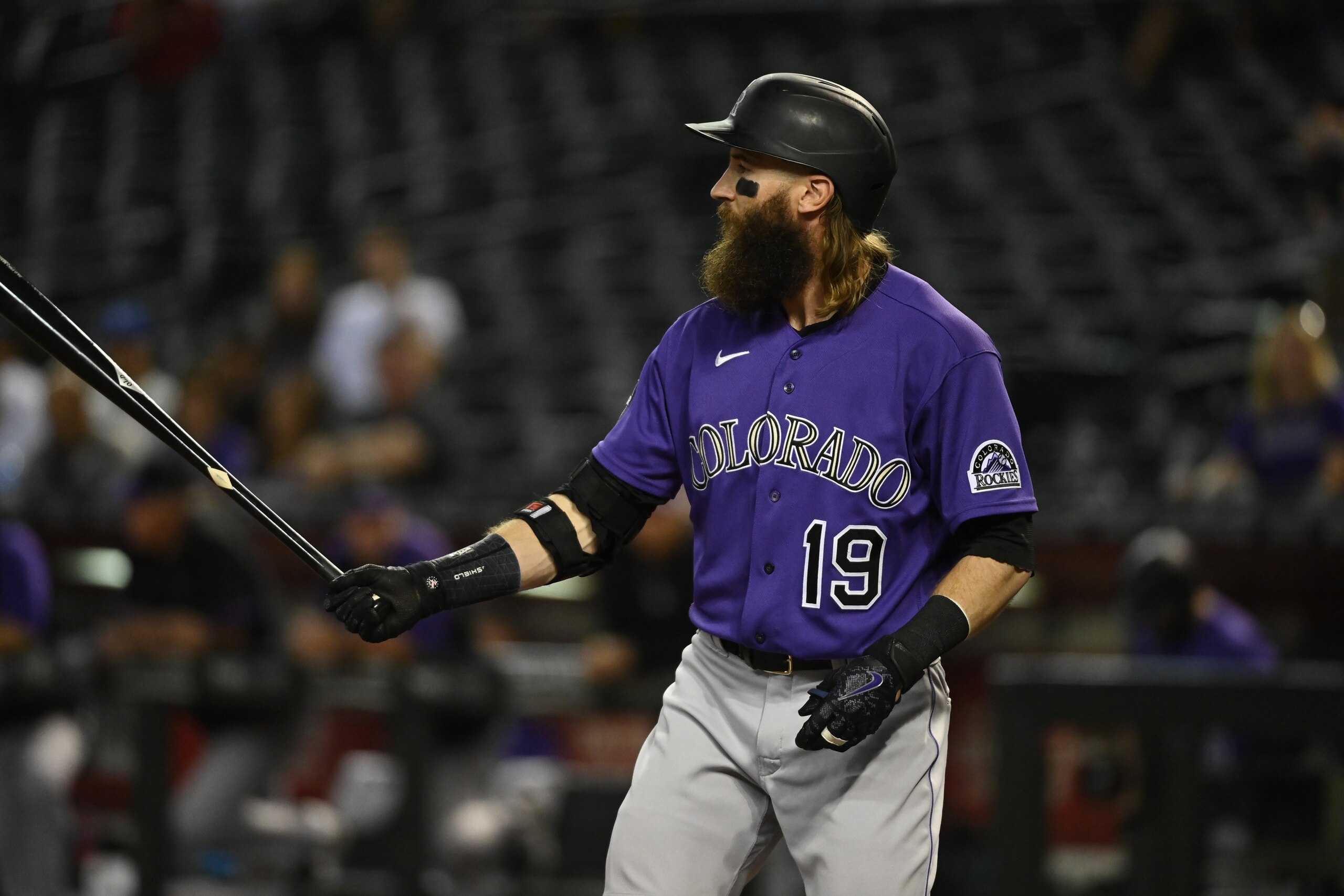 PHOENIX, ARIZONA - OCTOBER 01: Charlie Blackmon #19 of the Colorado Rockies gets ready in the batters box against the Arizona Diamondbacks at Chase Field on October 01, 2021 in Phoenix, Arizona. (Photo by Norm Hall/Getty Images)