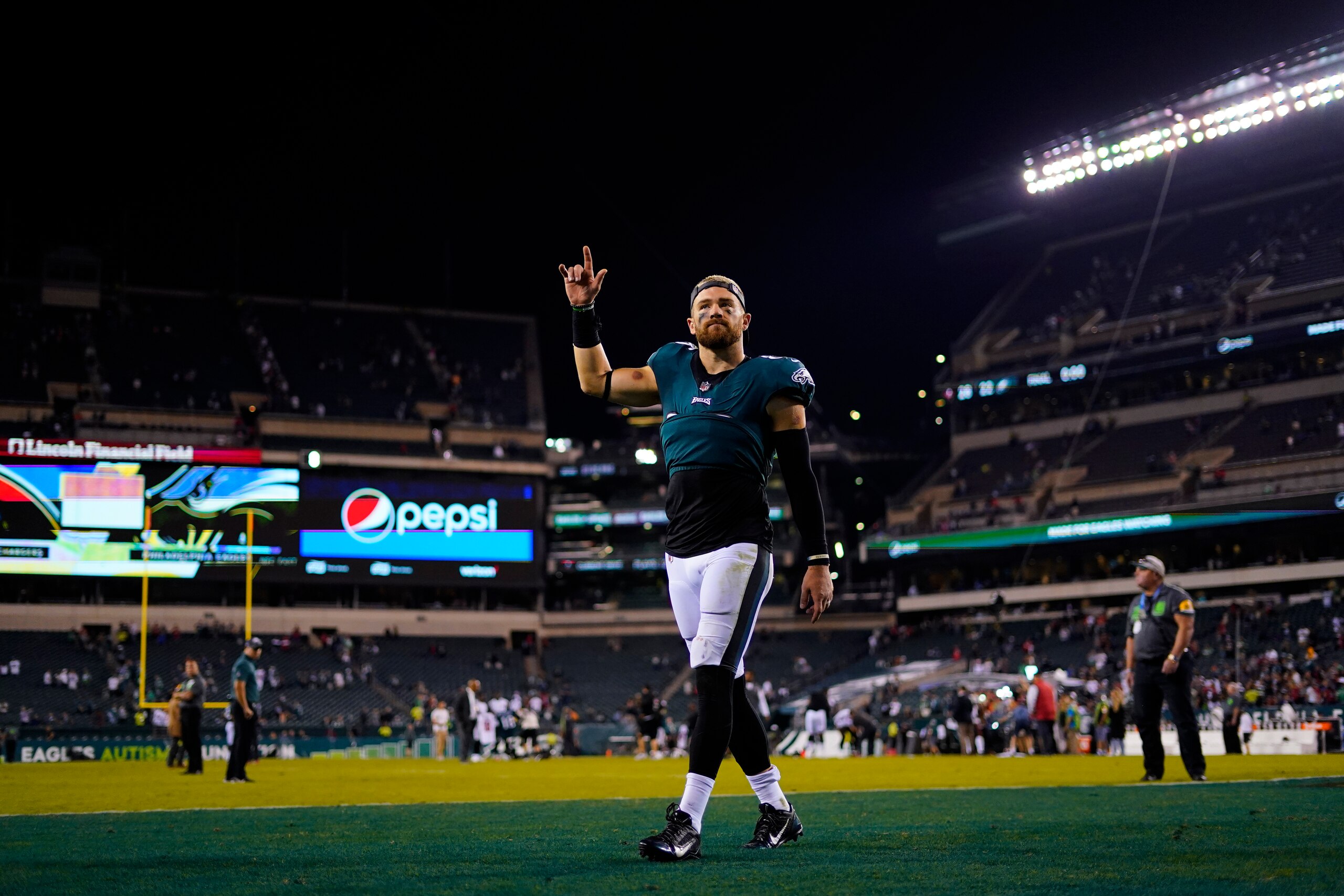 Philadelphia Eagles tight end Zach Ertz gestures as he leaves the field after an NFL football game against the Tampa Bay Buccaneers on aThursday, Oct. 14, 2021, in Philadelphia. (AP Photo/Matt Slocum)