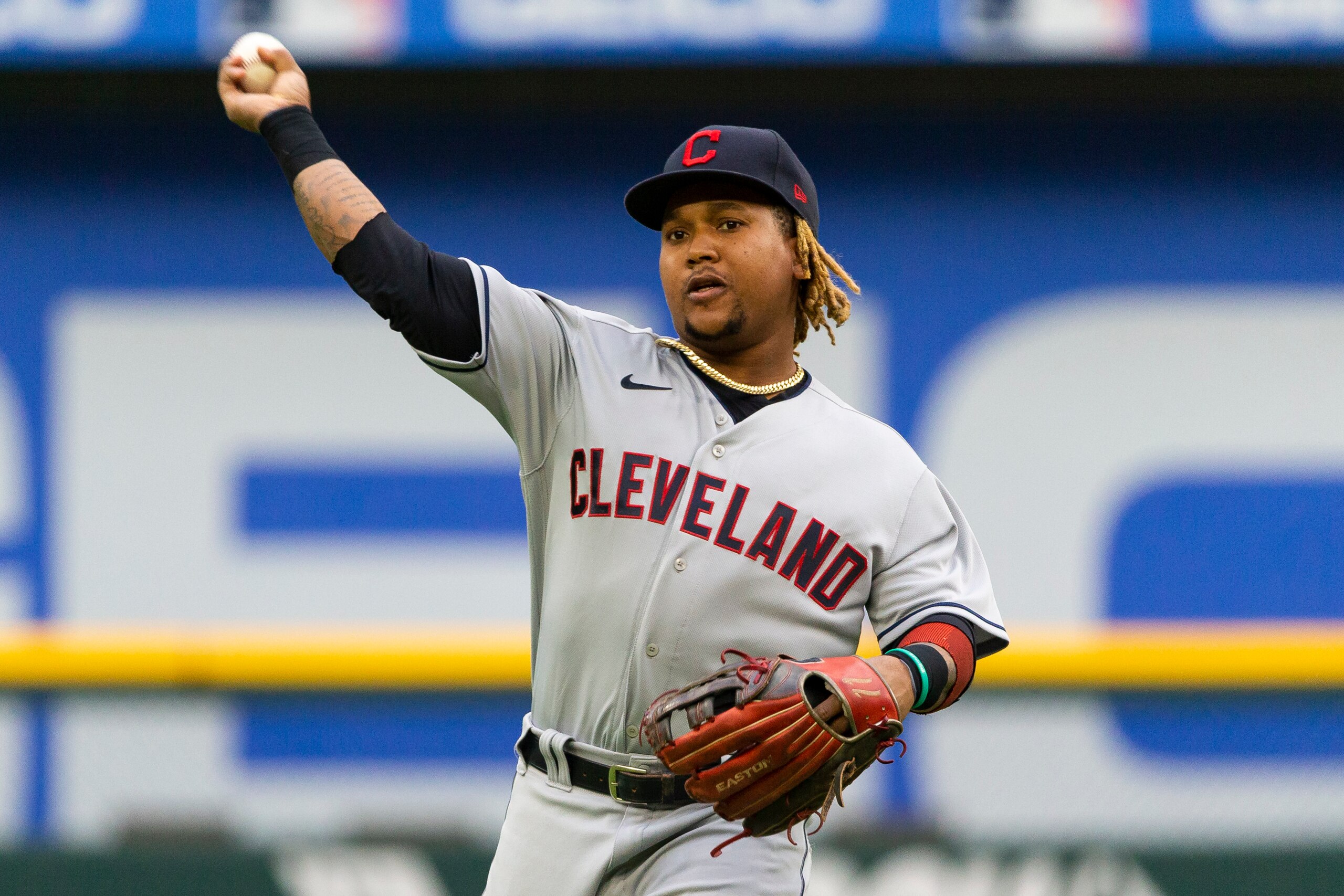 Cleveland Indians third baseman Jose Ramirez warms up before a baseball game against the Texas Rangers, Saturday, Oct. 2, 2021, in Arlington, Texas. (AP Photo/Sam Hodde)