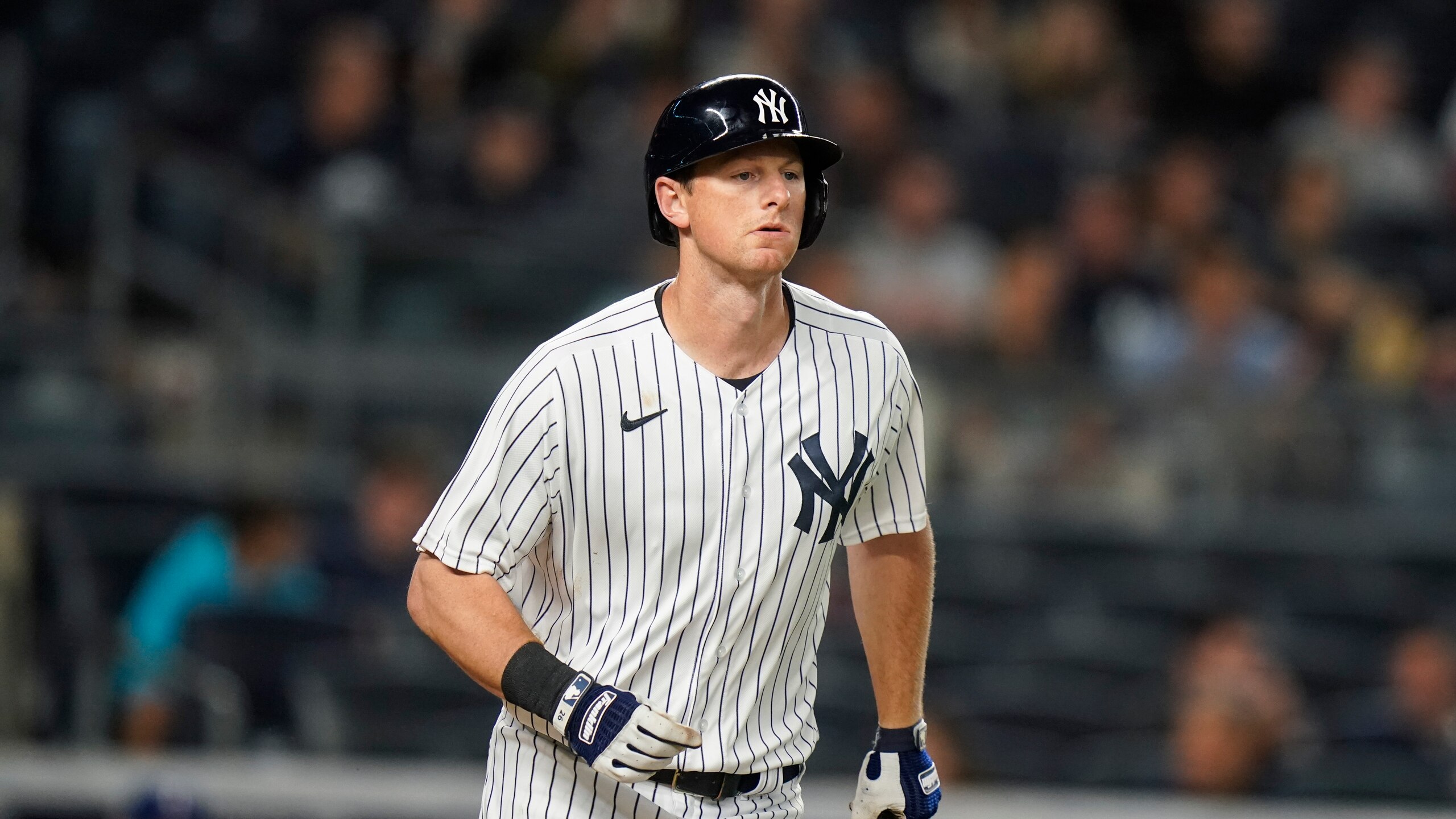 New York Yankees' DJ LeMahieu during the third inning of a baseball game against the Texas Rangers Monday, Sept. 20, 2021, in New York. (AP Photo/Frank Franklin II)