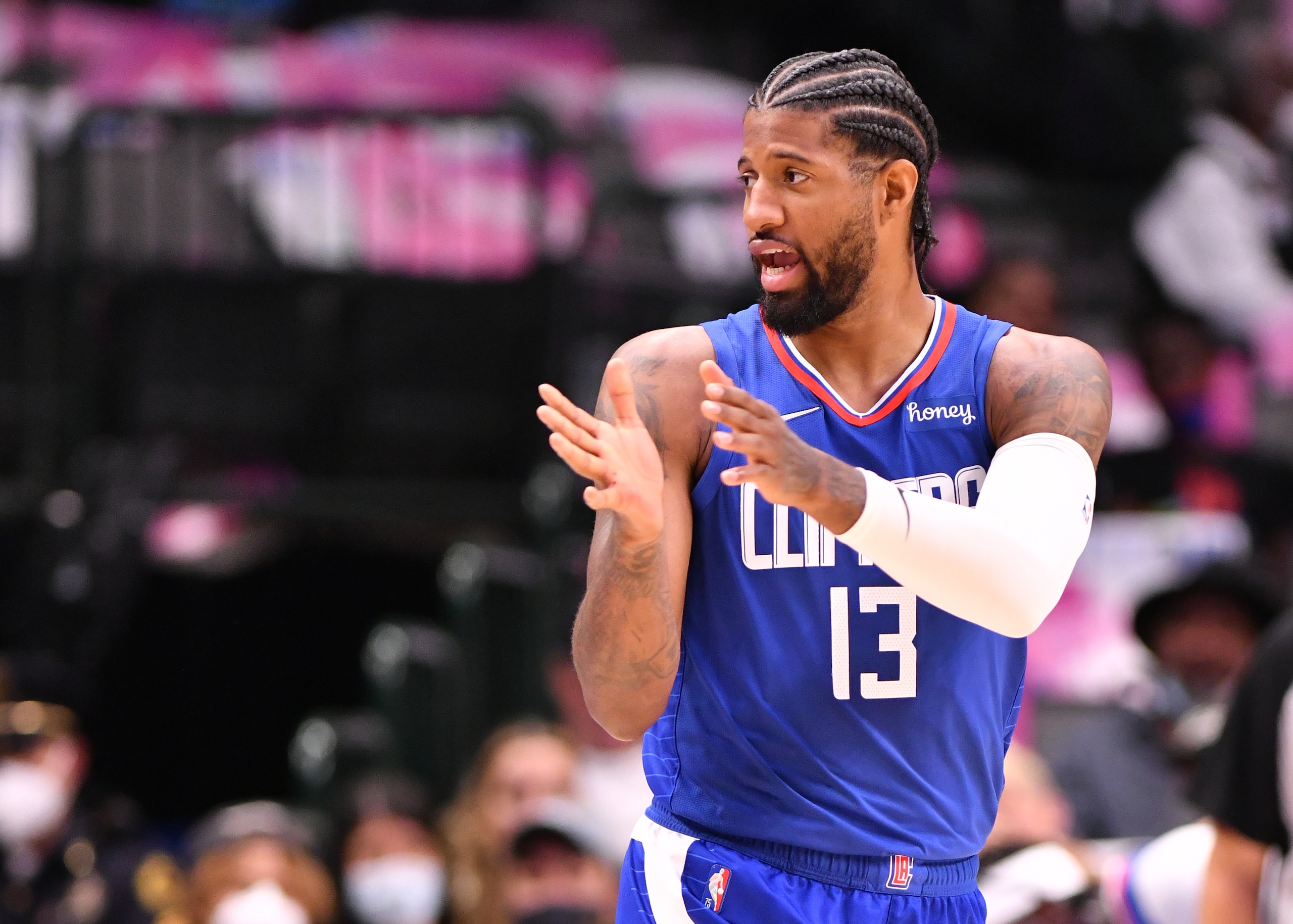 DALLAS, TX - OCTOBER 8: Paul George #13 of the LA Clippers looks on during a preseason game against the Dallas Mavericks on October 8, 2021 at the American Airlines Center in Dallas, Texas. NOTE TO USER: User expressly acknowledges and agrees that, by downloading and or using this photograph, User is consenting to the terms and conditions of the Getty Images License Agreement. Mandatory Copyright Notice: Copyright 2021 NBAE (Photo by Glenn James/NBAE via Getty Images)