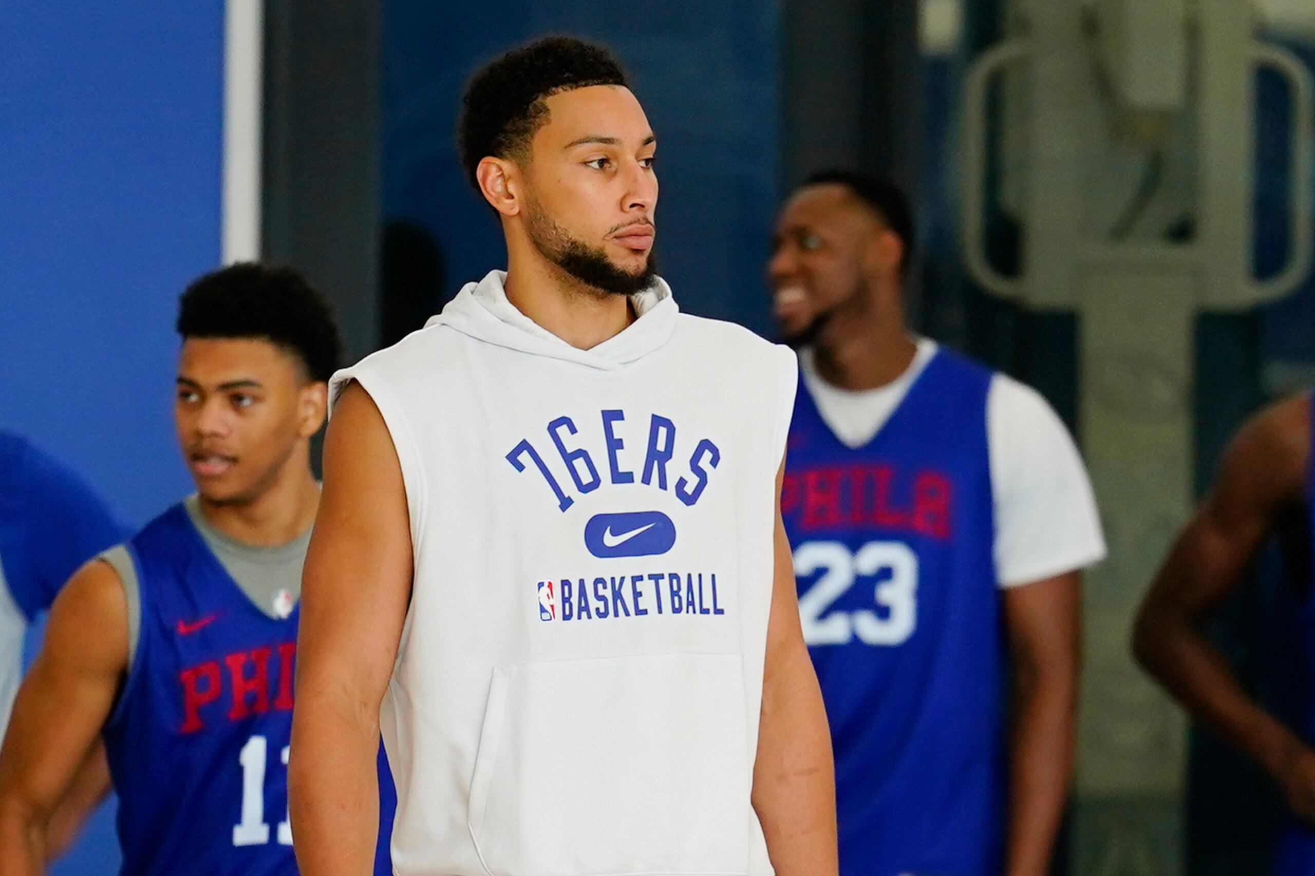 Philadelphia 76ers' Ben Simmons takes part in a practice at the NBA basketball team's facility, Monday, Oct. 18, 2021, in Camden, N.J. (AP Photo/Matt Rourke) Philadelphia 76ers' Ben Simmons takes part in a practice at the NBA basketball team's facility, Monday, Oct. 18, 2021, in Camden, N.J. (AP Photo/Matt Rourke)
