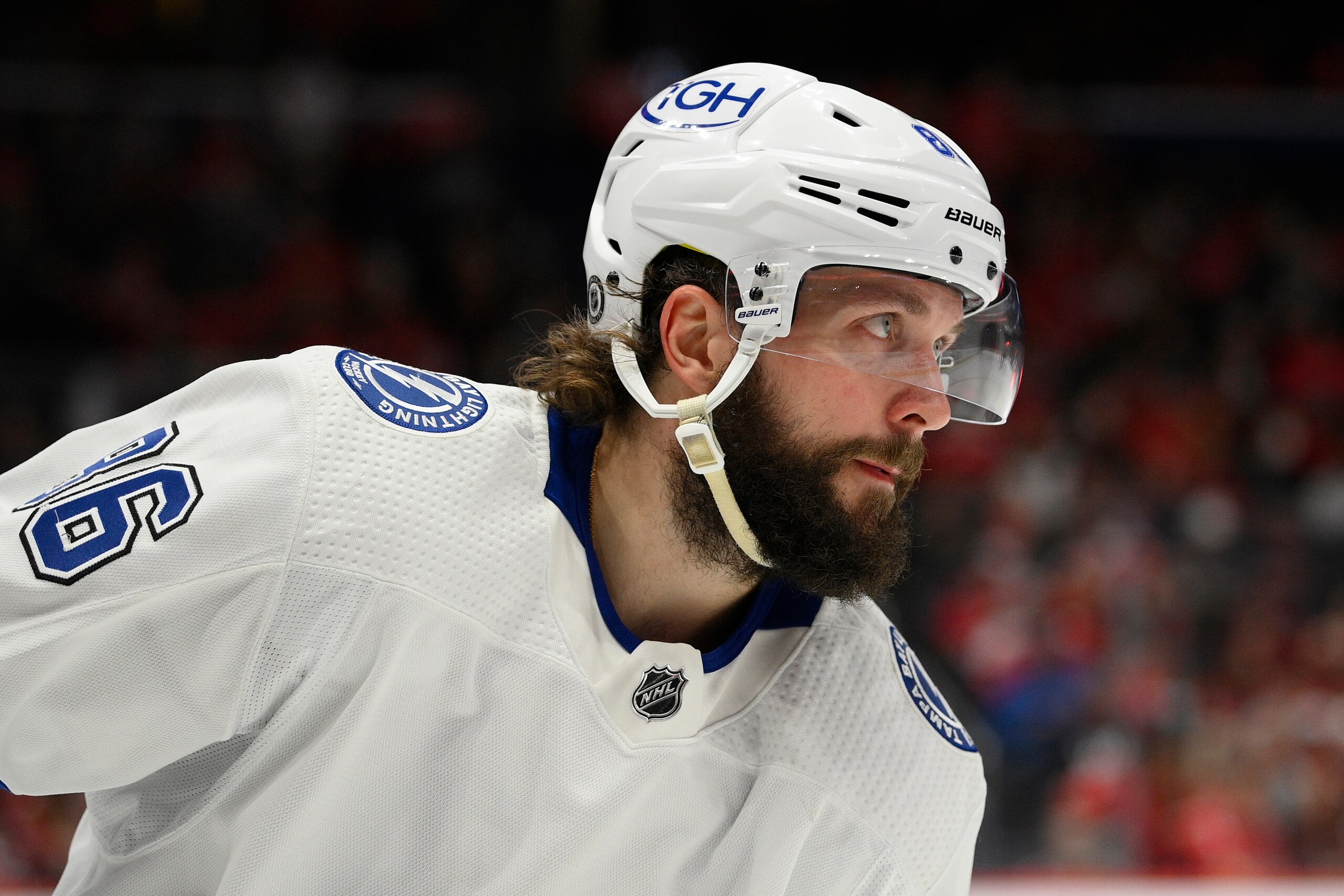 Tampa Bay Lightning right wing Nikita Kucherov (86) looks on during the second period of an NHL hockey game against the Washington Capitals, Saturday, Oct. 16, 2021, in Washington. (AP Photo/Nick Wass) Tampa Bay Lightning right wing Nikita Kucherov (86) looks on during the second period of an NHL hockey game against the Washington Capitals, Saturday, Oct. 16, 2021, in Washington. (AP Photo/Nick Wass)