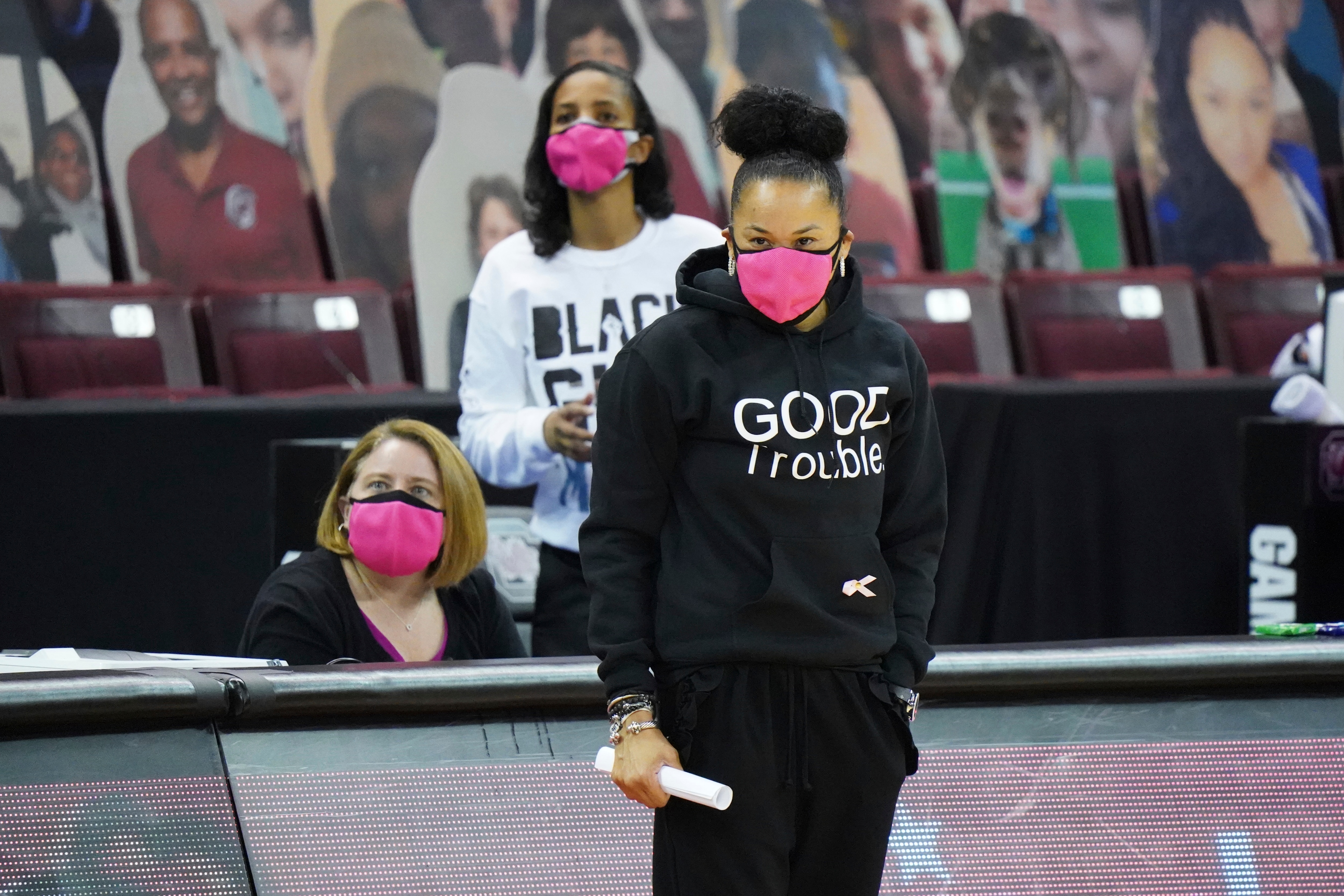South Carolina head coach Dawn Staley watches from the sideline during the second half of an NCAA college basketball game against LSU Sunday, Feb. 14, 2021, in Columbia, S.C. South Carolina won 66-59. (AP Photo/Sean Rayford)