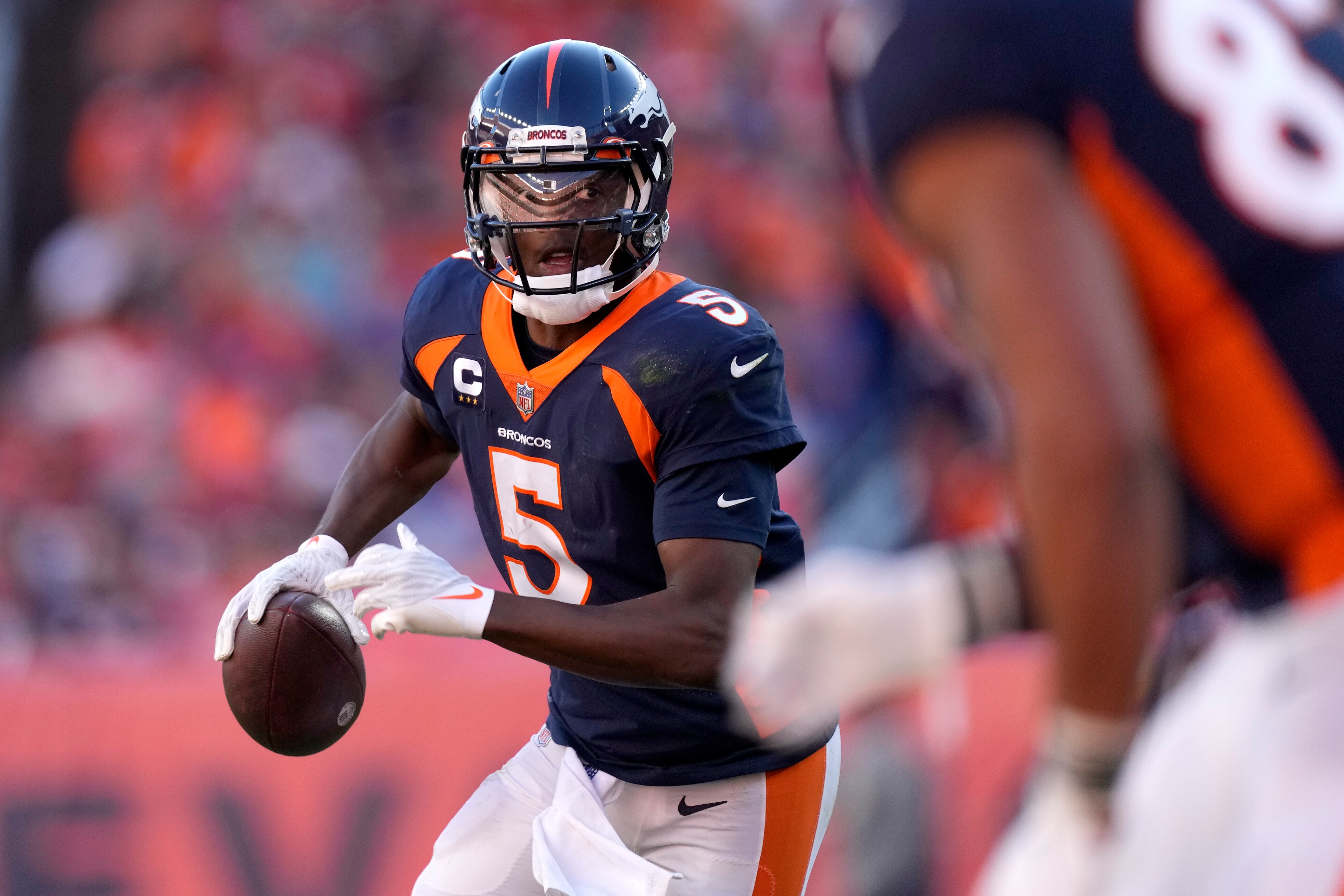 Denver Broncos quarterback Teddy Bridgewater (5) against the Las Vegas Raiders during the second half of an NFL football game, Sunday, Oct. 17, 2021, in Denver. (AP Photo/David Zalubowski)