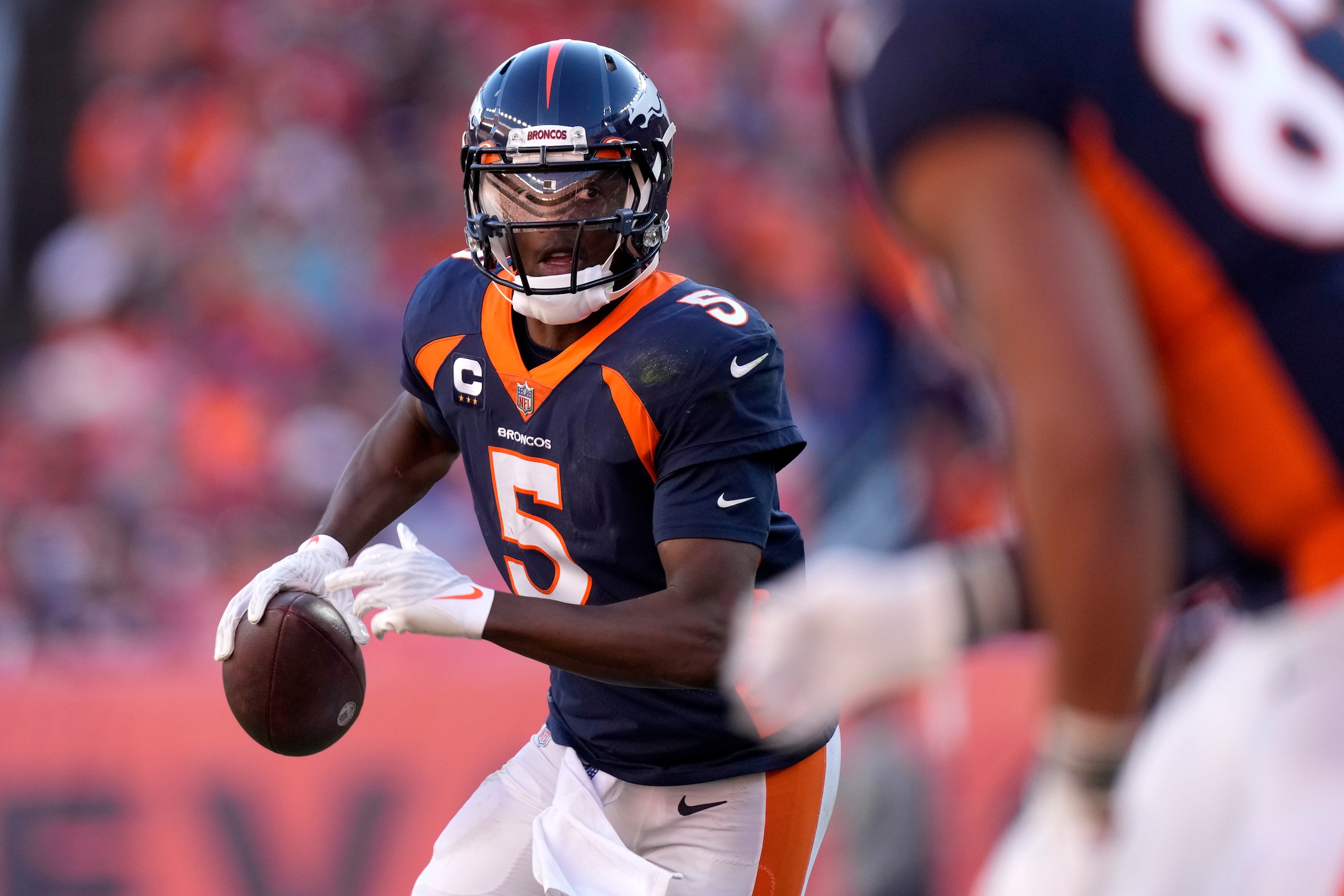 Denver Broncos quarterback Teddy Bridgewater (5) against the Las Vegas Raiders during the second half of an NFL football game, Sunday, Oct. 17, 2021, in Denver. (AP Photo/David Zalubowski)