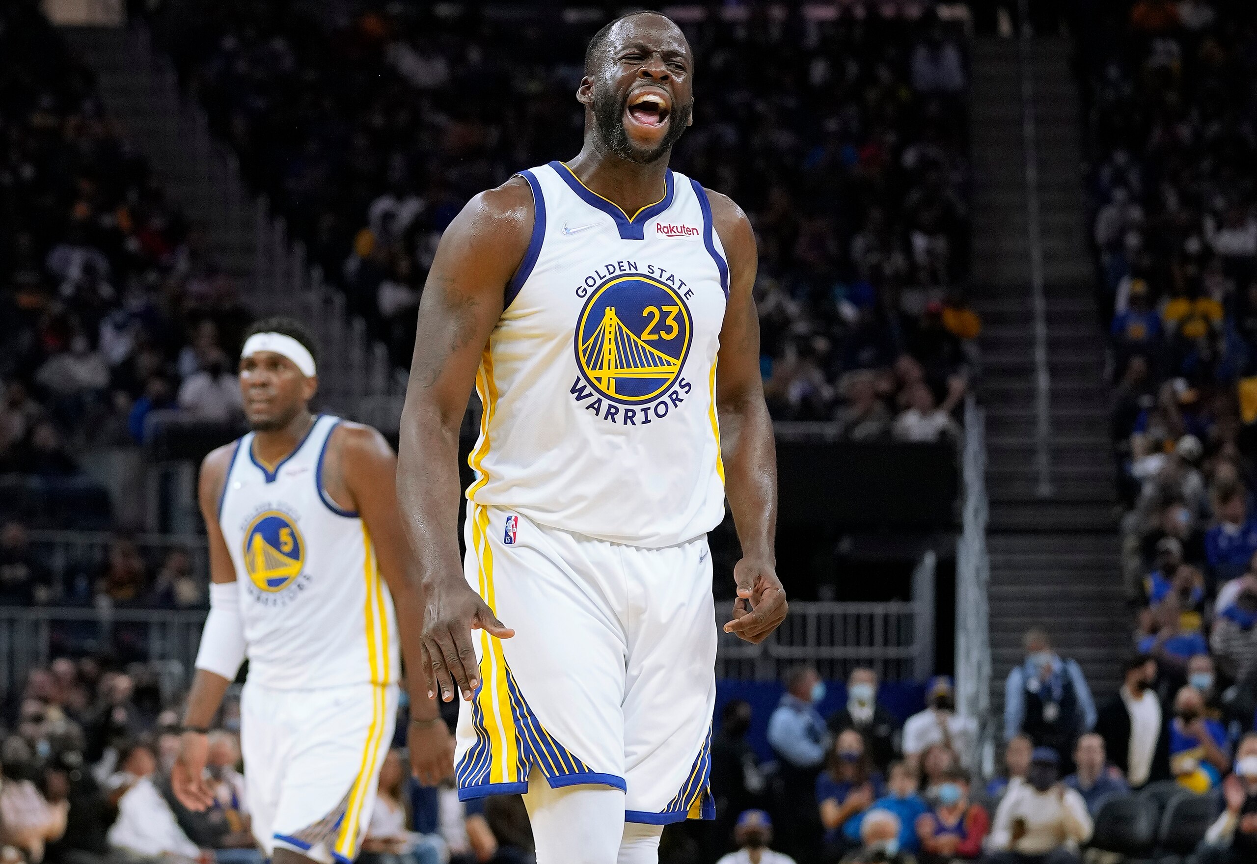 SAN FRANCISCO, CALIFORNIA - OCTOBER 15: Draymond Green #23 of the Golden State Warriors reacts after scoring against the Portland Trail Blazers during the second half of their game at Chase Center on October 15, 2021 in San Francisco, California. NOTE TO USER: User expressly acknowledges and agrees that, by downloading and/or using this photograph, User is consenting to the terms and conditions of the Getty Images License Agreement. (Photo by Thearon W. Henderson/Getty Images)