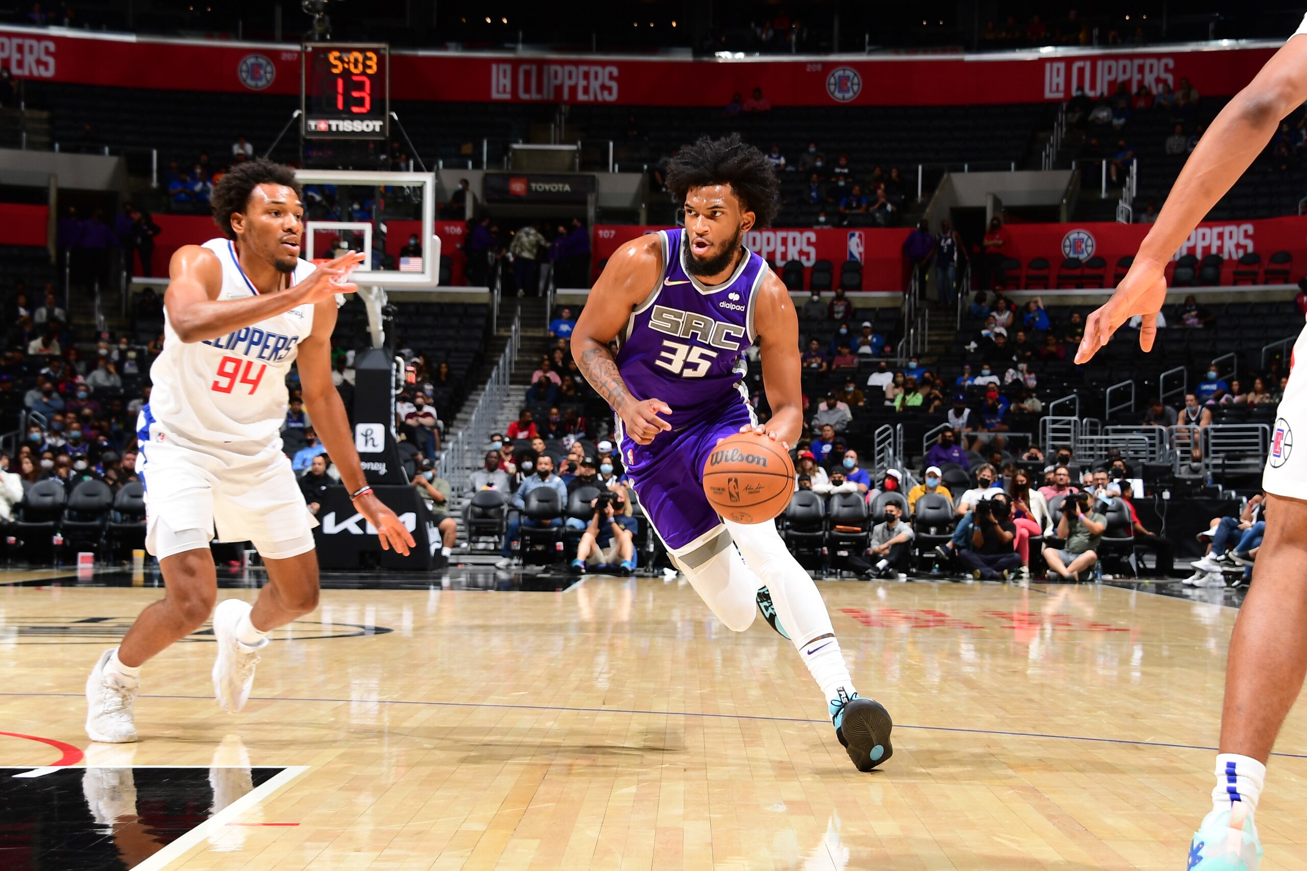 LOS ANGELES, CA - OCTOBER 6: Marvin Bagley III #35 of the Sacramento Kings drives to the basket against the LA Clippers during a preseason game on October 6, 2021 at STAPLES Center in Los Angeles, California. NOTE TO USER: User expressly acknowledges and agrees that, by downloading and/or using this Photograph, user is consenting to the terms and conditions of the Getty Images License Agreement. Mandatory Copyright Notice: Copyright 2021 NBAE (Photo by Adam Pantozzi/NBAE via Getty Images) LOS ANGELES, CA - OCTOBER 6: Marvin Bagley III #35 of the Sacramento Kings drives to the basket against the LA Clippers during a preseason game on October 6, 2021 at STAPLES Center in Los Angeles, California. NOTE TO USER: User expressly acknowledges and agrees that, by downloading and/or using this Photograph, user is consenting to the terms and conditions of the Getty Images License Agreement. Mandatory Copyright Notice: Copyright 2021 NBAE (Photo by Adam Pantozzi/NBAE via Getty Images)