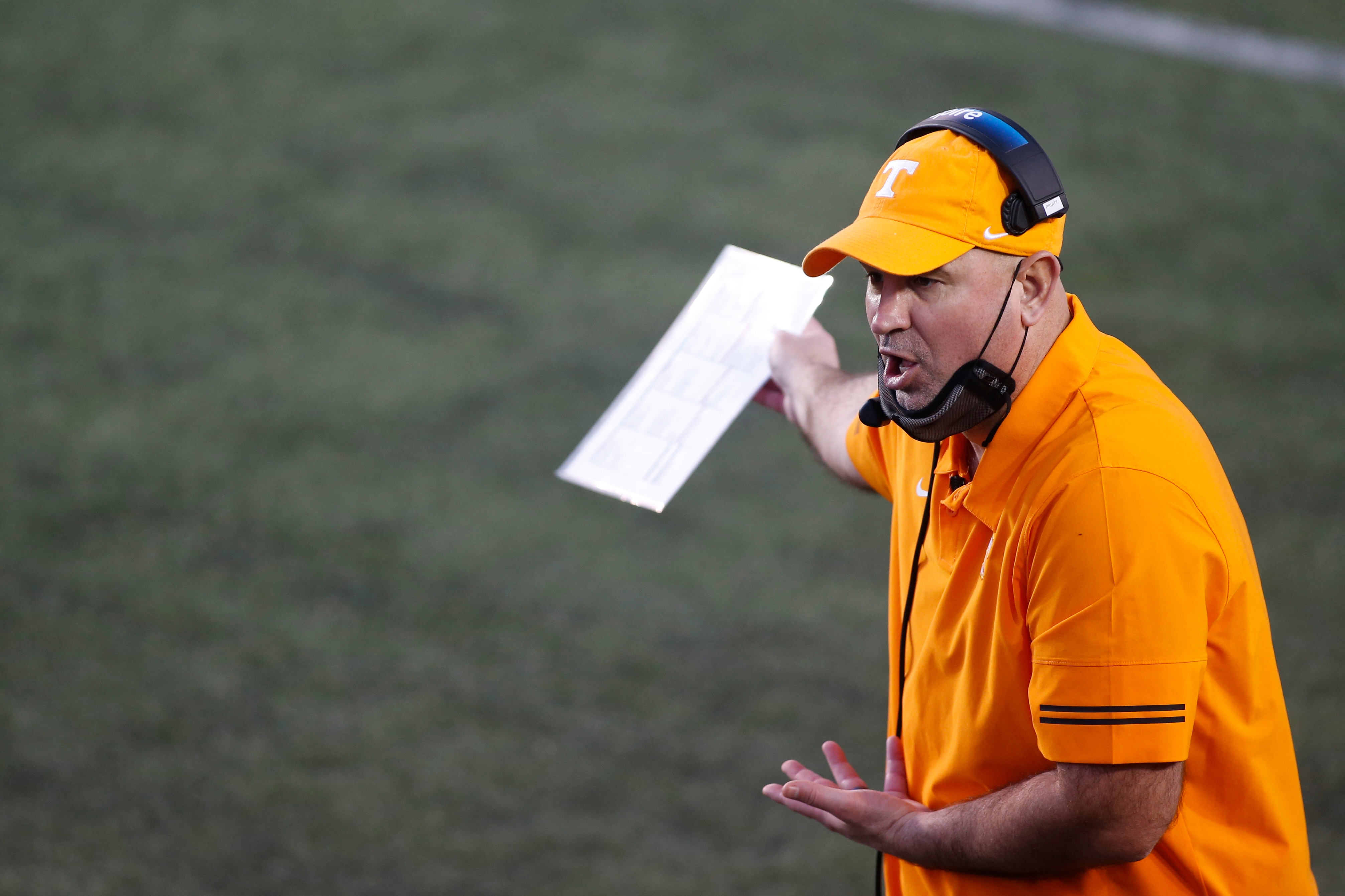 NASHVILLE, TN - DECEMBER 12: Tennessee Volunteers head coach Jeremy Pruitt argues a call during a game between the Vanderbilt Commodores and Tennessee Volunteers, December 12, 2020 at Vanderbilt Stadium in Nashville, Tennessee. (Photo by Matthew Maxey/Icon Sportswire via Getty Images)