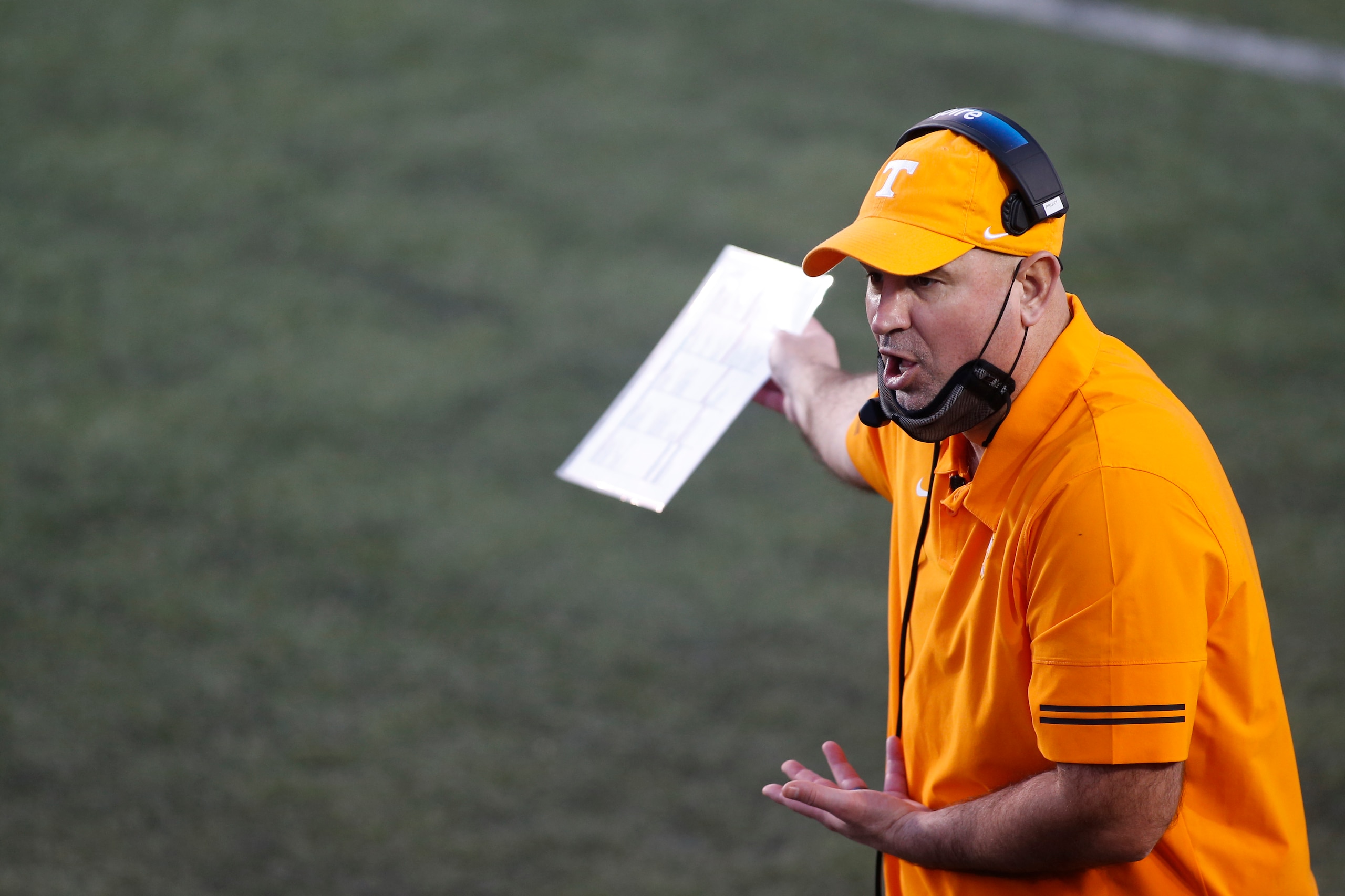 NASHVILLE, TN - DECEMBER 12: Tennessee Volunteers head coach Jeremy Pruitt argues a call during a game between the Vanderbilt Commodores and Tennessee Volunteers, December 12, 2020 at Vanderbilt Stadium in Nashville, Tennessee. (Photo by Matthew Maxey/Icon Sportswire via Getty Images)