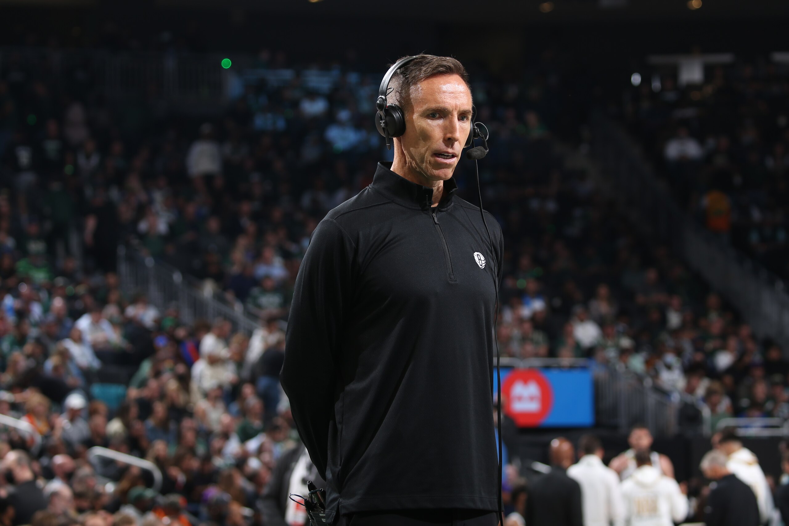 MILWAUKEE, WI - OCTOBER 19: Head Coach Steve Nash of the Brooklyn Nets interviews during the game against the Milwaukee Bucks on October 19, 2021 at the Fiserv Forum Center in Milwaukee, Wisconsin. NOTE TO USER: User expressly acknowledges and agrees that, by downloading and or using this Photograph, user is consenting to the terms and conditions of the Getty Images License Agreement. Mandatory Copyright Notice: Copyright 2021 NBAE (Photo by Gary Dineen/NBAE via Getty Images).