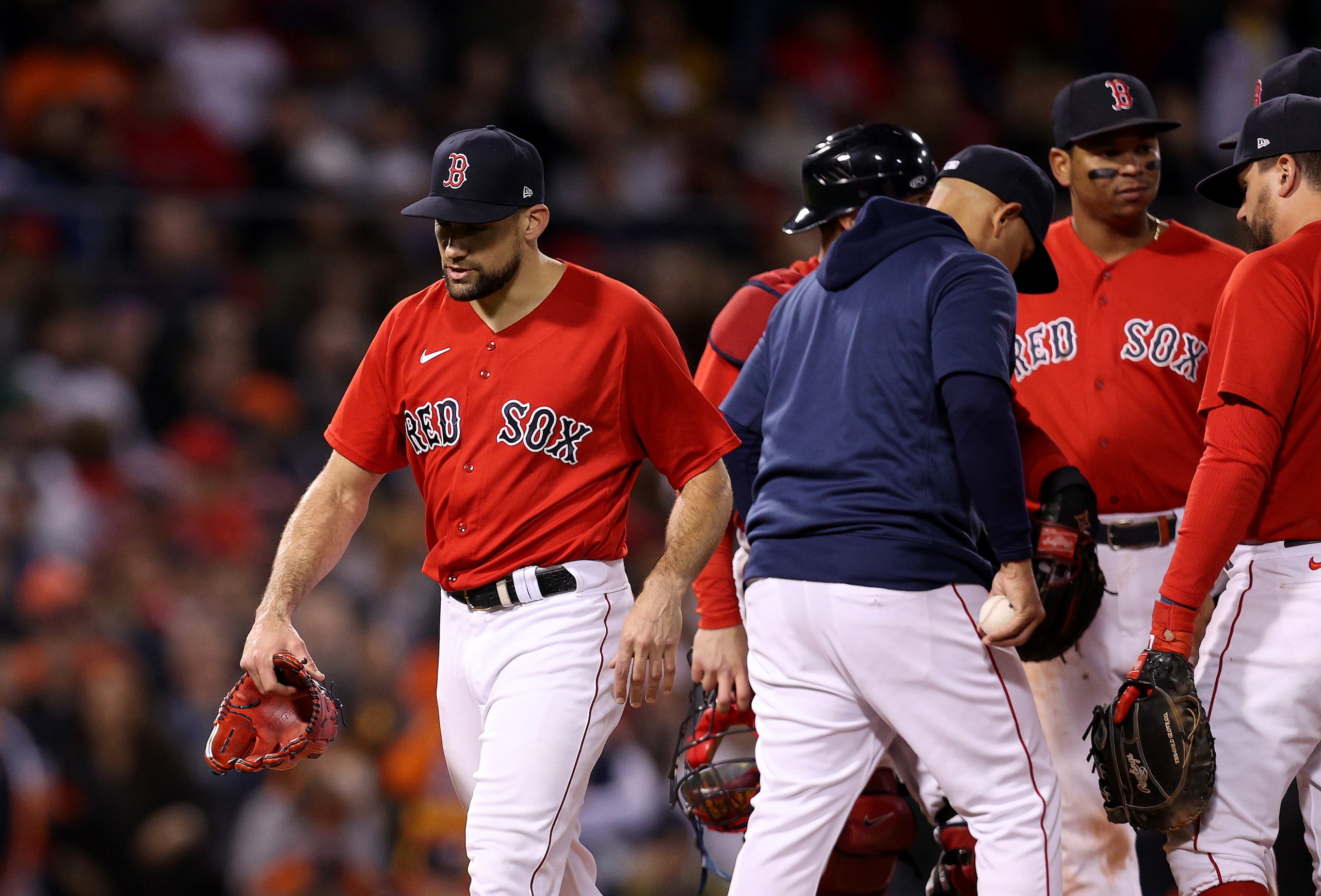 BOSTON, MASSACHUSETTS - OCTOBER 19: Nathan Eovaldi #17 of the Boston Red Sox is taken out of the game in the ninth inning of Game Four of the American League Championship Series against the Houston Astros at Fenway Park on October 19, 2021 in Boston, Massachusetts. (Photo by Maddie Meyer/Getty Images)