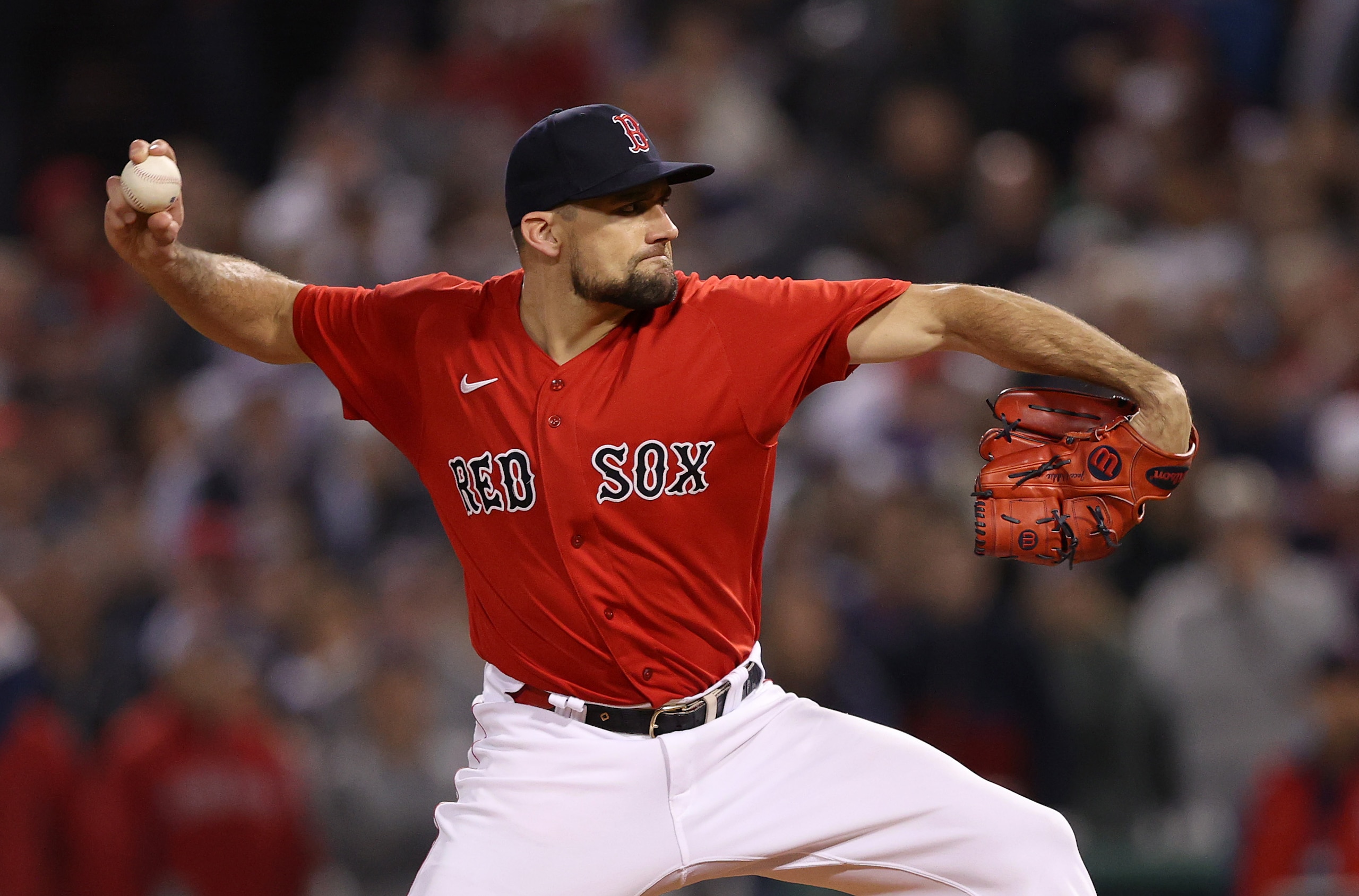 BOSTON, MASSACHUSETTS - OCTOBER 19: Nathan Eovaldi #17 of the Boston Red Sox pitches against the Houston Astros in the ninth inning of Game Four of the American League Championship Series at Fenway Park on October 19, 2021 in Boston, Massachusetts. (Photo by Elsa/Getty Images)