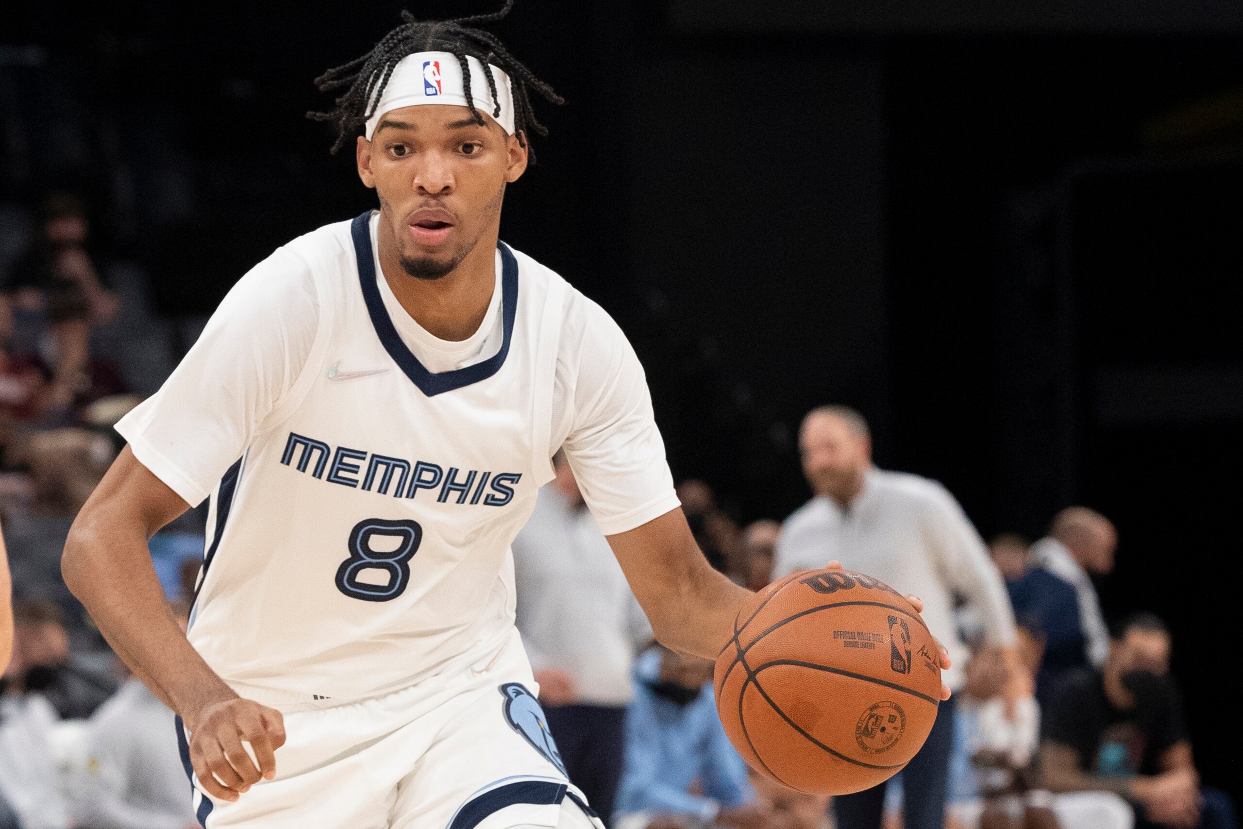Memphis Grizzlies forward Ziaire Williams (8) dribbles the ball in the second half of a preseason NBA basketball game Saturday, Oct. 9, 2021, in Memphis, Tenn. (AP Photo/Nikki Boertman)