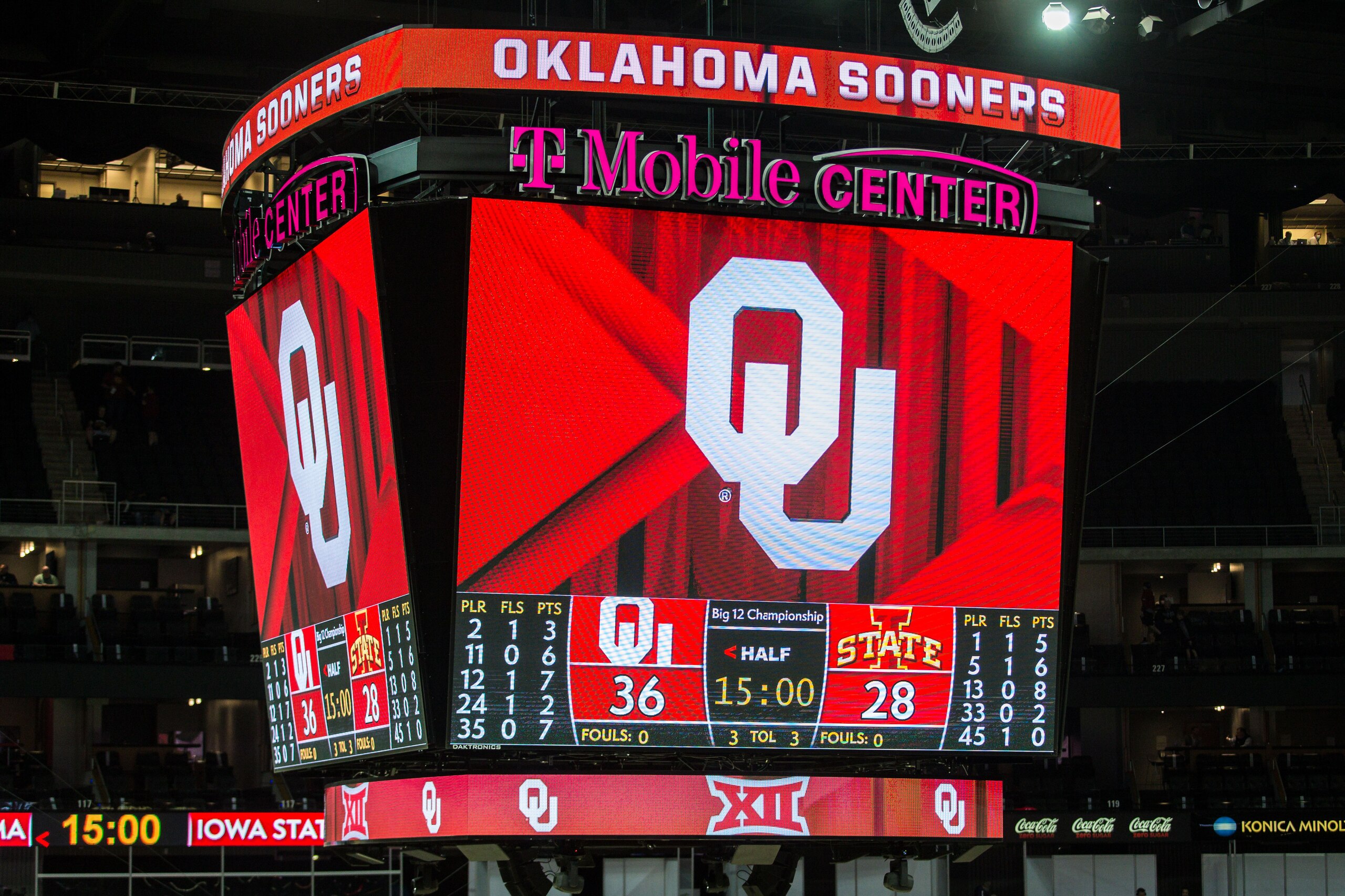 KANSAS CITY, MO - MARCH 10: Arena scoreboard with the Oklahoma Sooners logo during the first half against the Iowa State Cyclones on March 10th, 2021 at the T Mobile Center in Kansas City, Missouri. (Photo by William Purnell/Icon Sportswire via Getty Images) KANSAS CITY, MO - MARCH 10: Arena scoreboard with the Oklahoma Sooners logo during the first half against the Iowa State Cyclones on March 10th, 2021 at the T Mobile Center in Kansas City, Missouri. (Photo by William Purnell/Icon Sportswire via Getty Images)