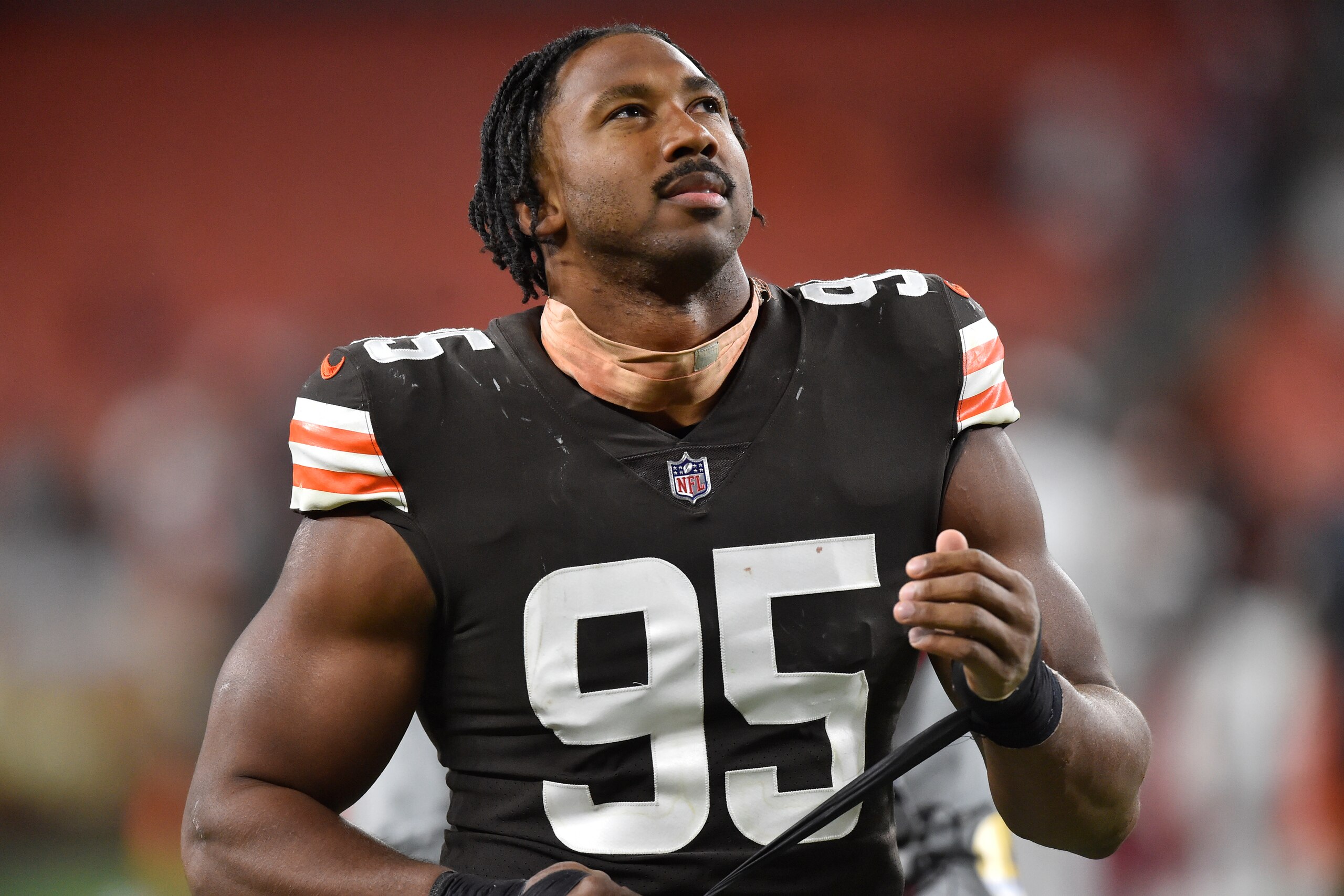 Cleveland Browns defensive end Myles Garrett walks off the field after an NFL football game against the Arizona Cardinals, Sunday, Oct. 17, 2021, in Cleveland. The Cardinals won 37-14. (AP Photo/David Richard) Cleveland Browns defensive end Myles Garrett walks off the field after an NFL football game against the Arizona Cardinals, Sunday, Oct. 17, 2021, in Cleveland. The Cardinals won 37-14. (AP Photo/David Richard)