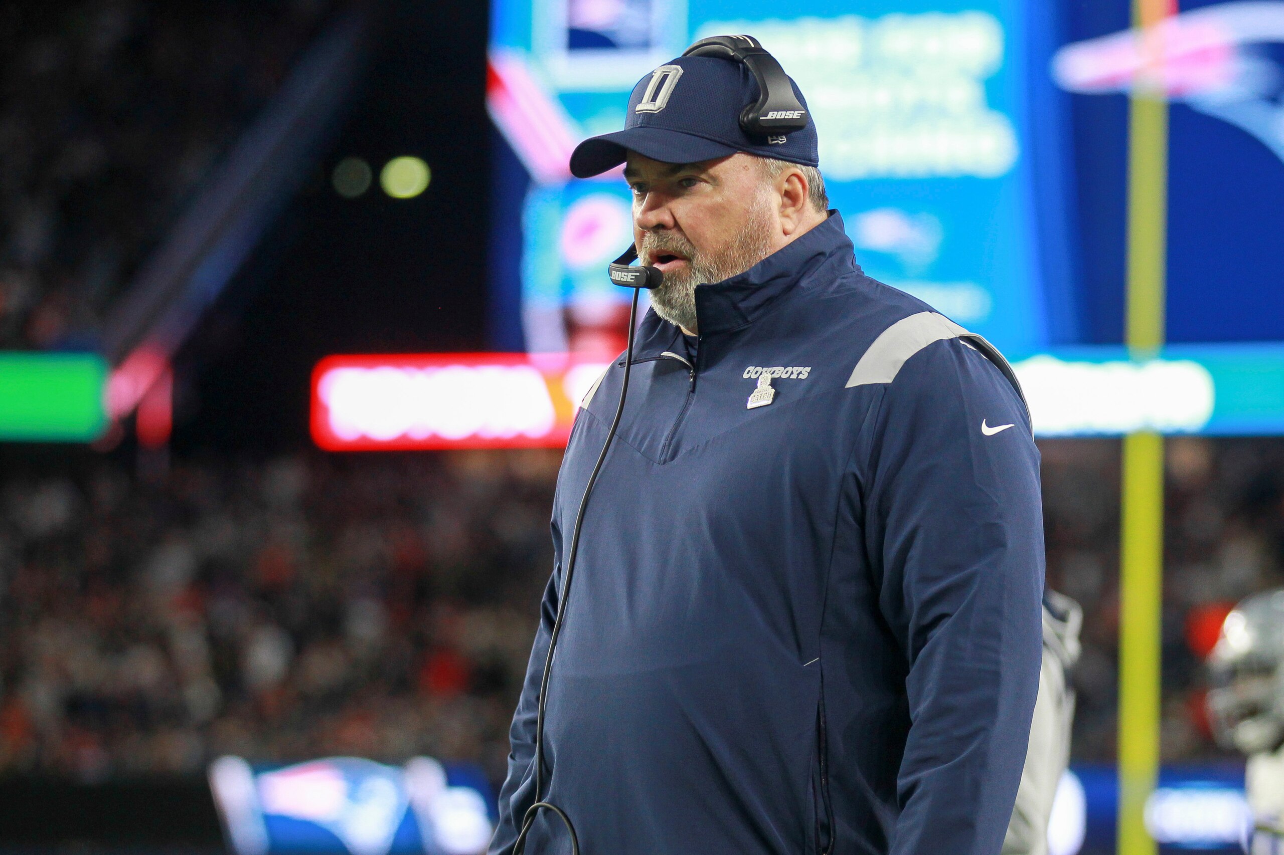 Dallas Cowboys head coach Mike McCarthy on the sideline during the second half of an NFL football game against the New England Patriots, Sunday, Oct. 17, 2021, in Foxborough, Mass. (AP Photo/Stew Milne)