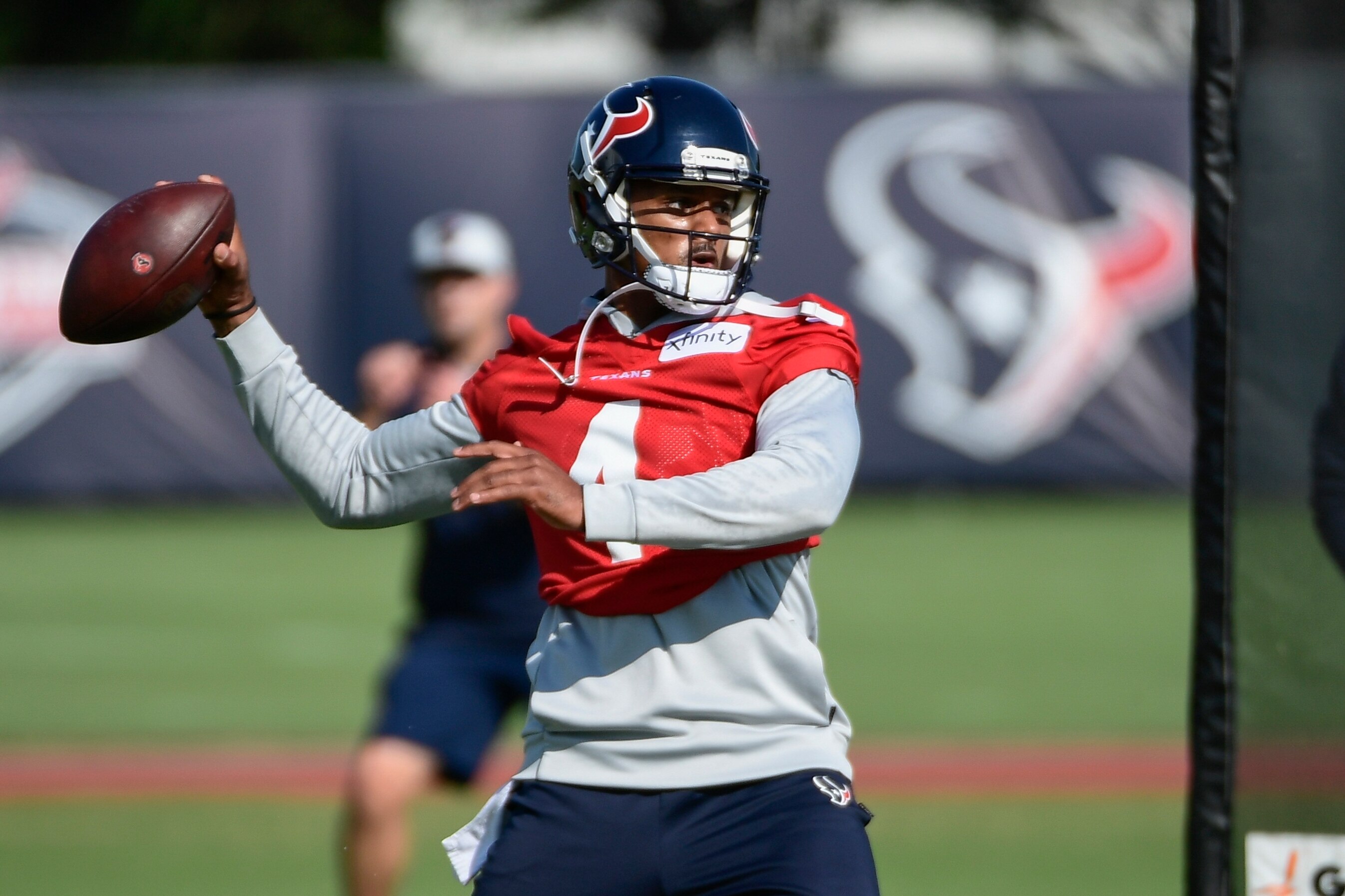 Houston Texans quarterback Deshaun Watson (4) throws the ball during NFL football practice Wednesday, July 28, 2021, in Houston. (AP Photo/Justin Rex)