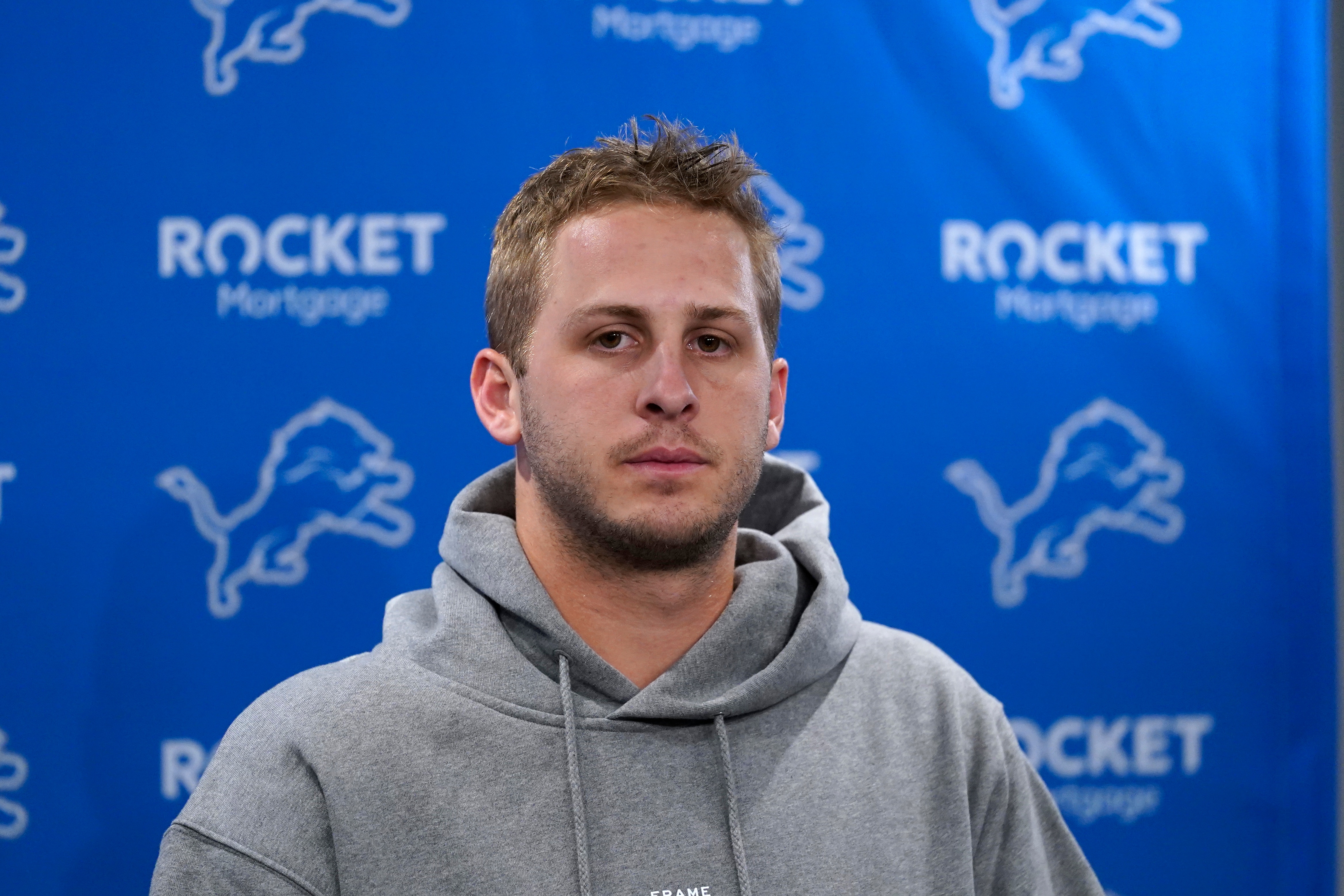 Detroit Lions quarterback Jared Goff addresses the media after an NFL football game against the Cincinnati Bengals, Sunday, Oct. 17, 2021, in Detroit. (AP Photo/Paul Sancya)