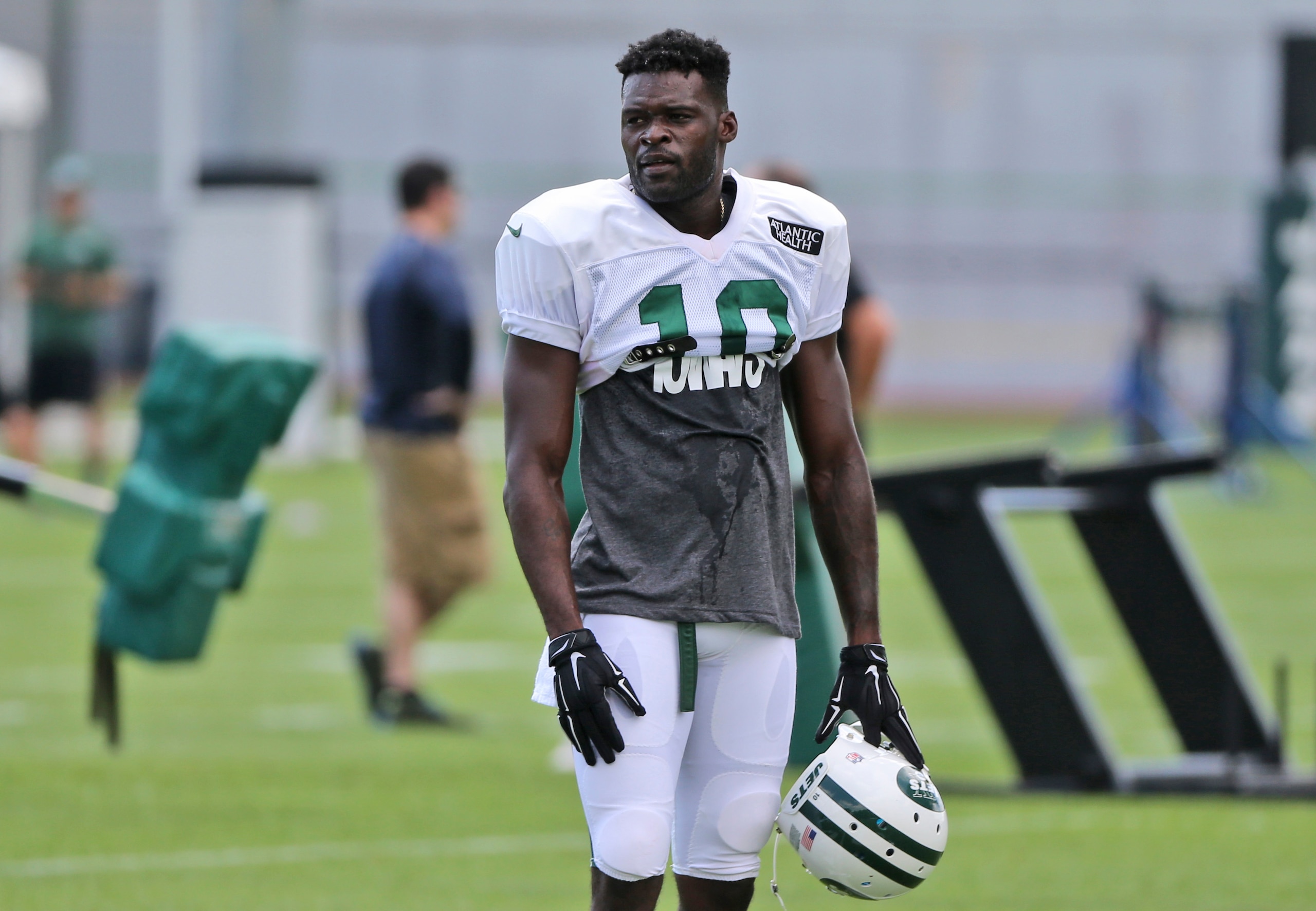 New York Jets' Kenbrell Thompkins watches drills during practice at the NFL football teams training camp in Florham Park, N.J., Wednesday, Aug. 3, 2016. (AP Photo/Seth Wenig)