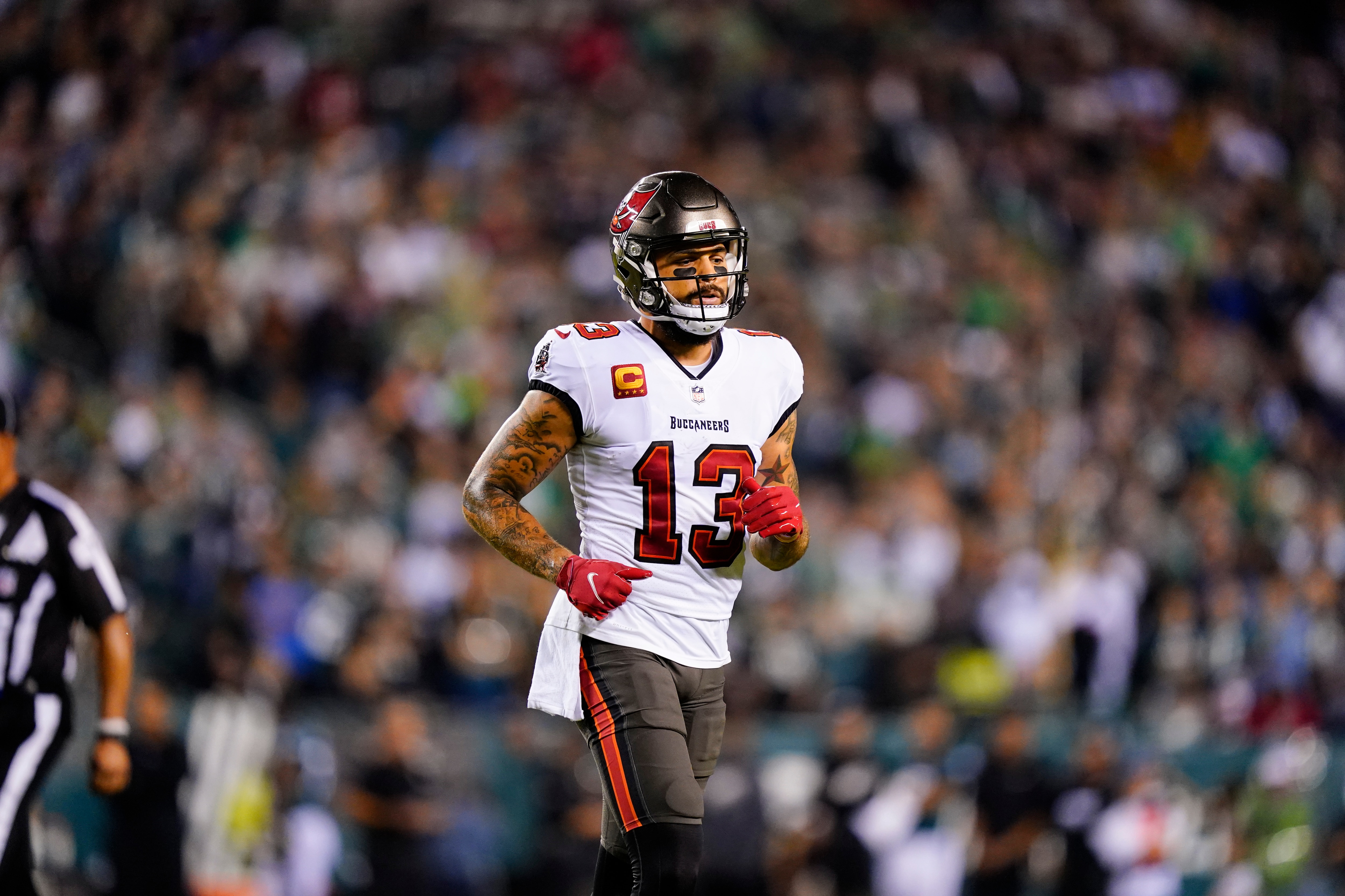 Tampa Bay Buccaneers wide receiver Mike Evans in action during an NFL football game against the Philadelphia Eagles on Thursday, Oct. 14, 2021, in Philadelphia. (AP Photo/Matt Rourke)