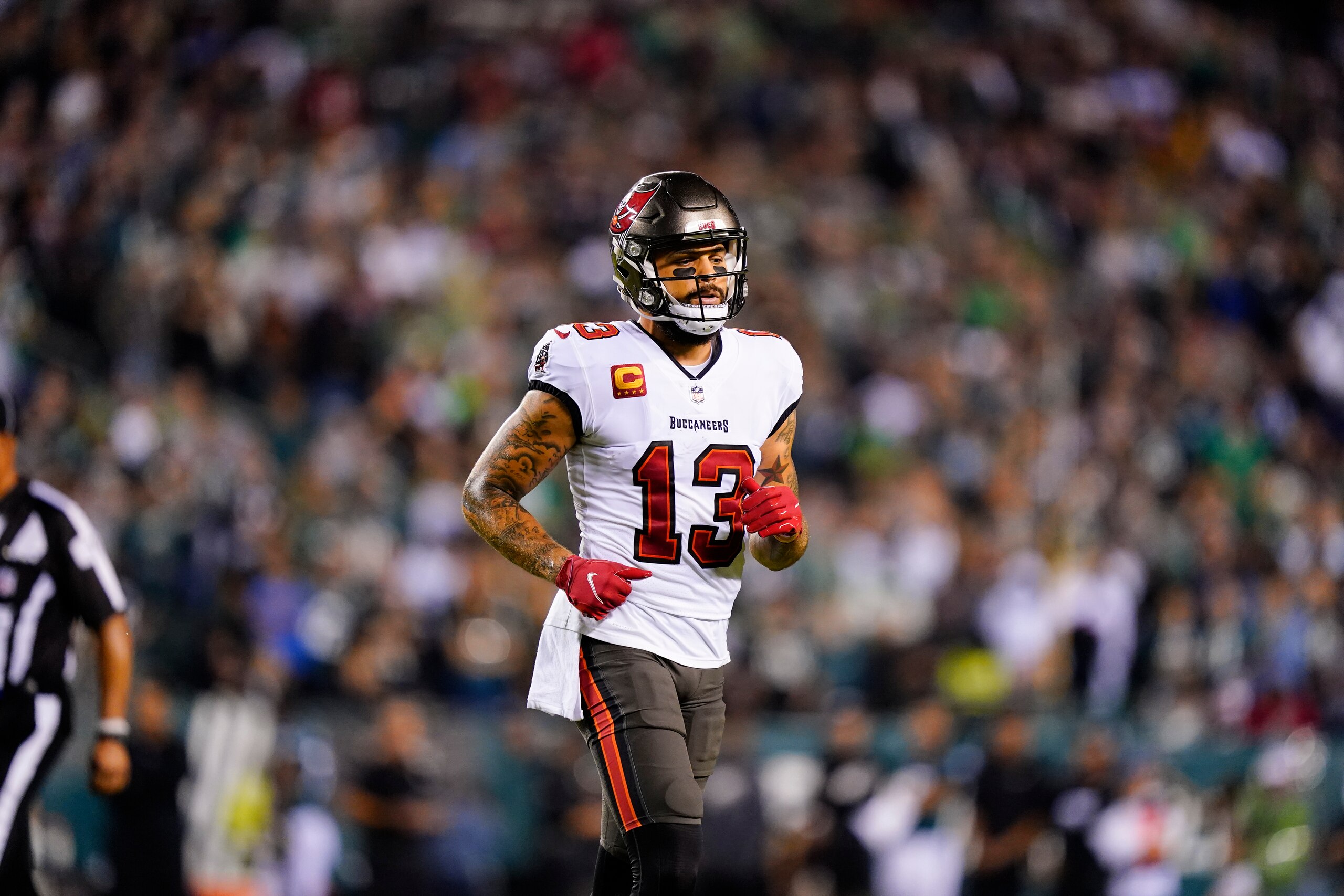 Tampa Bay Buccaneers wide receiver Mike Evans in action during an NFL football game against the Philadelphia Eagles on Thursday, Oct. 14, 2021, in Philadelphia. (AP Photo/Matt Rourke)