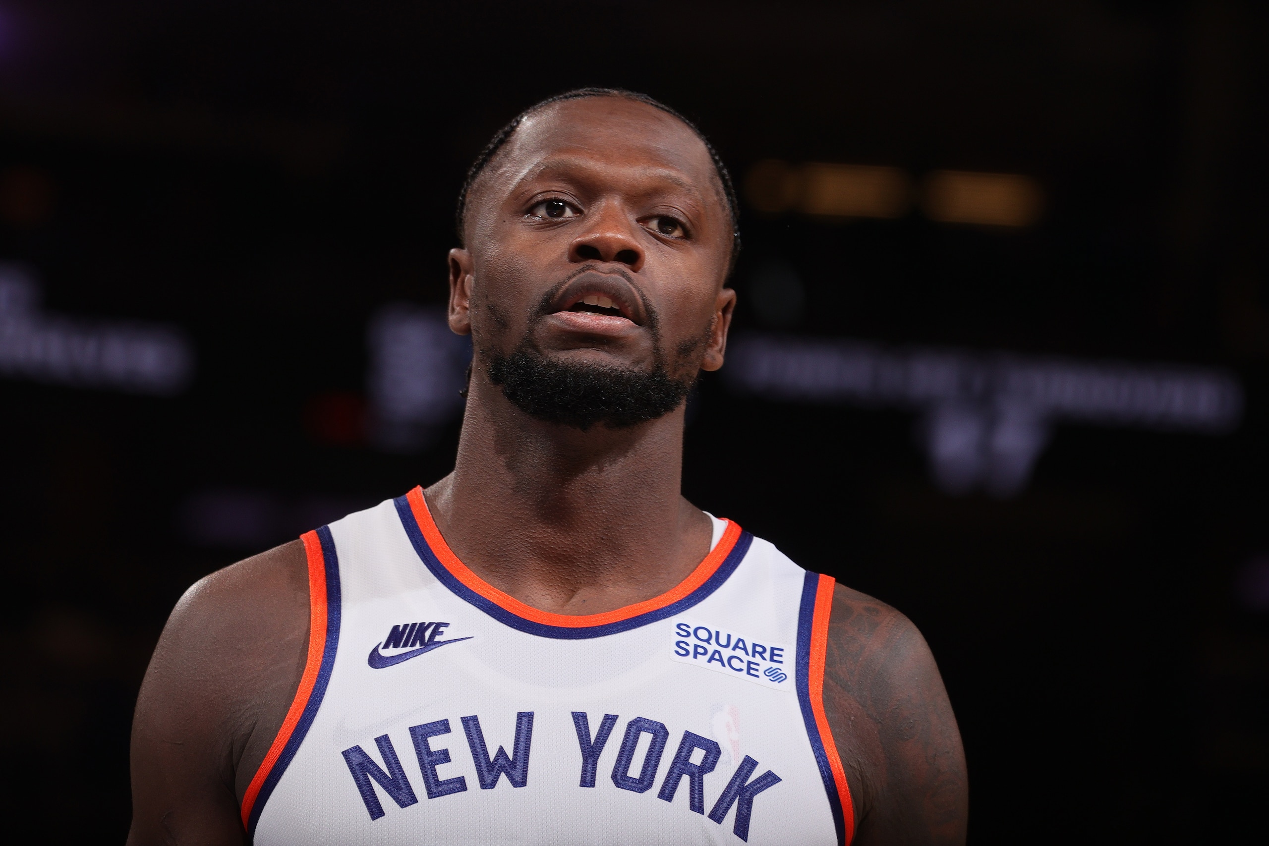 NEW YORK, NY - OCTOBER 20: A close up shot of Julius Randle #30 of the New York Knicks against the Boston Celtics on October 20, 2021 at Madison Square Garden in New York, New York. NOTE TO USER: User expressly acknowledges and agrees that, by downloading and/or using this Photograph, user is consenting to the terms and conditions of the Getty Images License Agreement. Mandatory Copyright Notice: Copyright 2021 NBAE (Photo by Nathaniel S. Butler/NBAE via Getty Images)